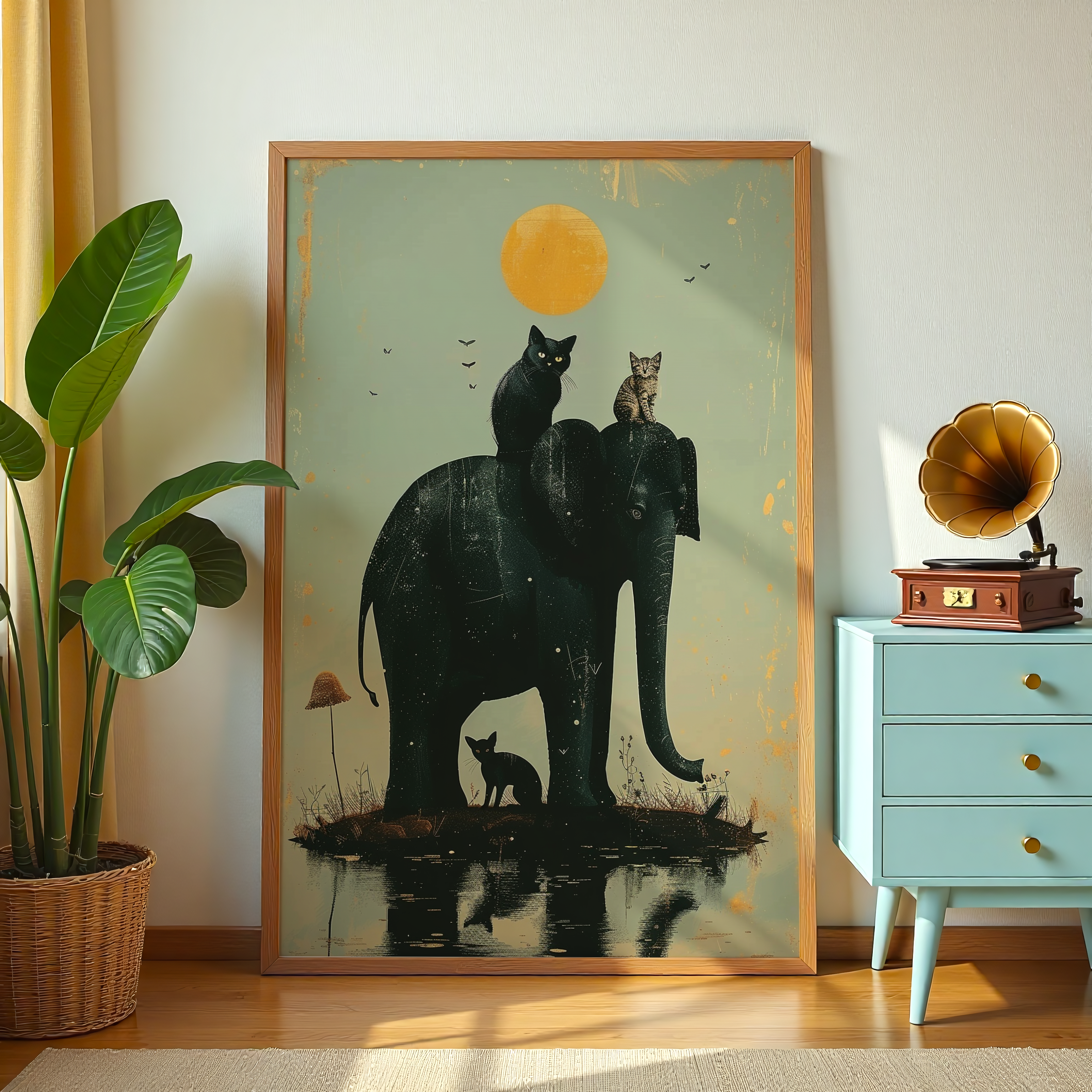 Mystical elephant and cat artwork for living room décor