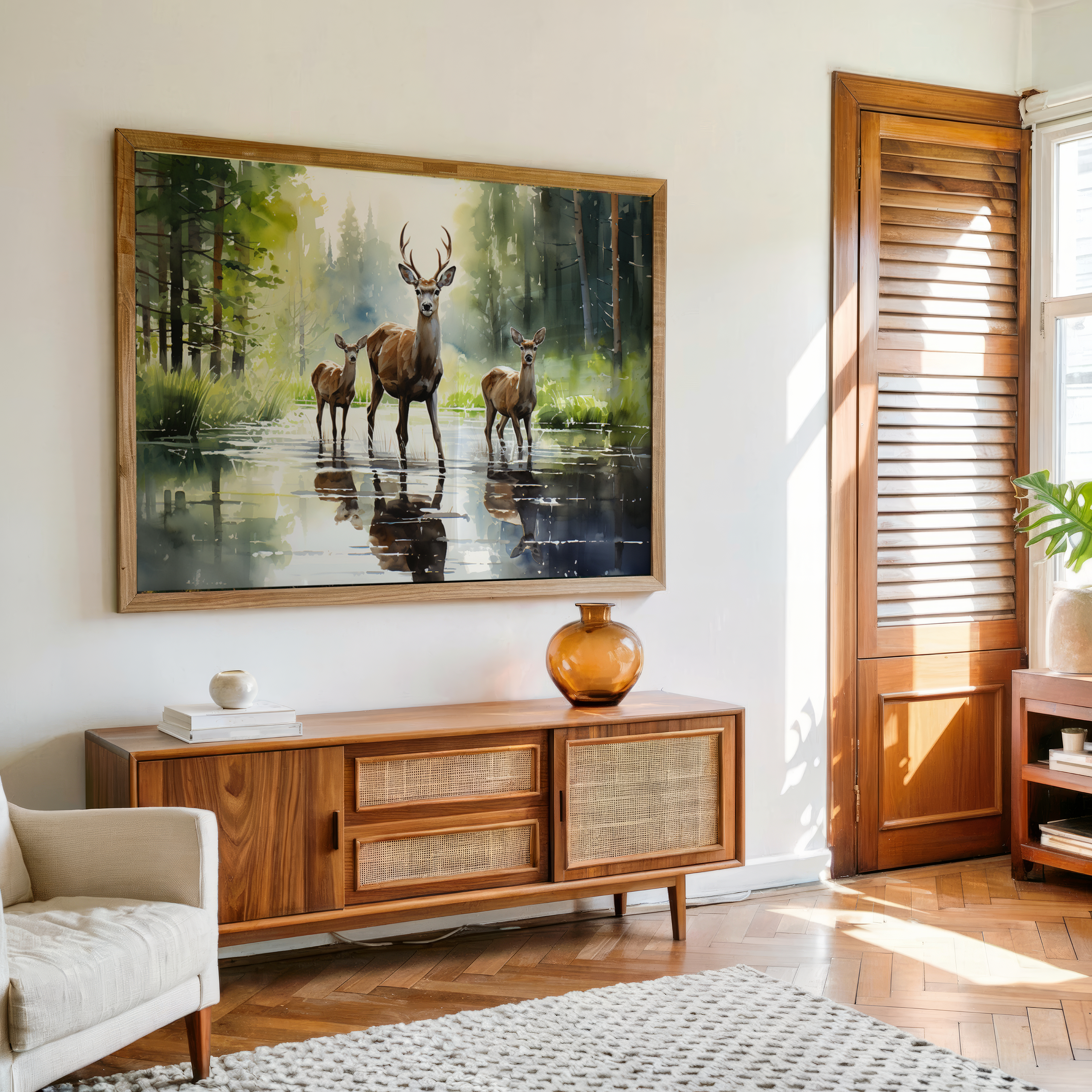 Canvas wall art of deer family standing in forest water reflection