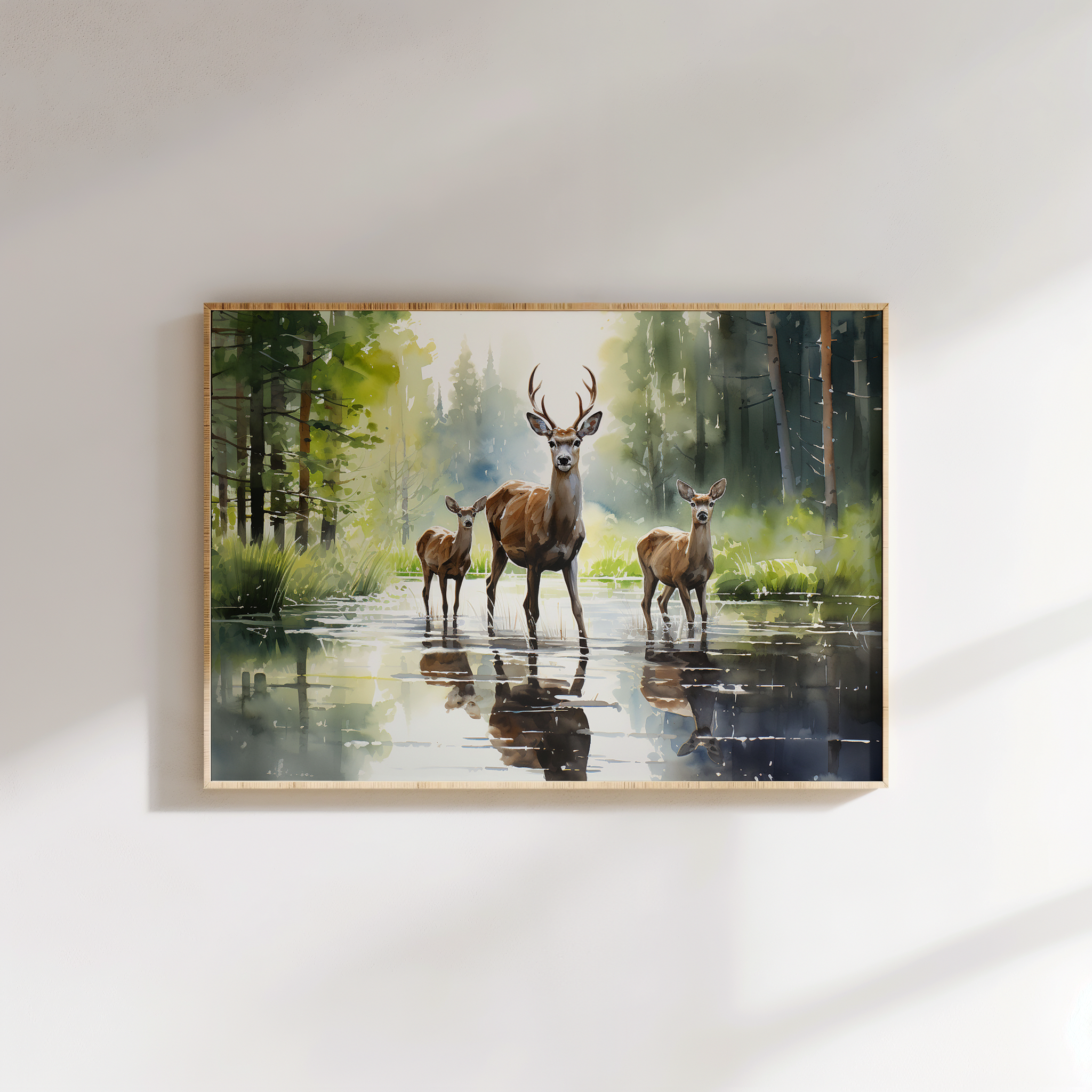 Wildlife painting of deer family in forest – nature inspired canvas art