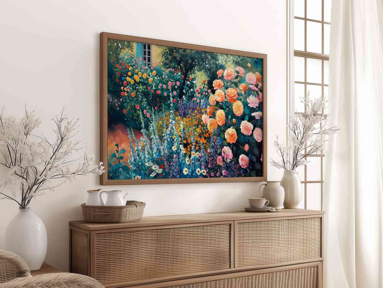 Nature inspired floral wall art print with vibrant flowers and peaceful garden scene
