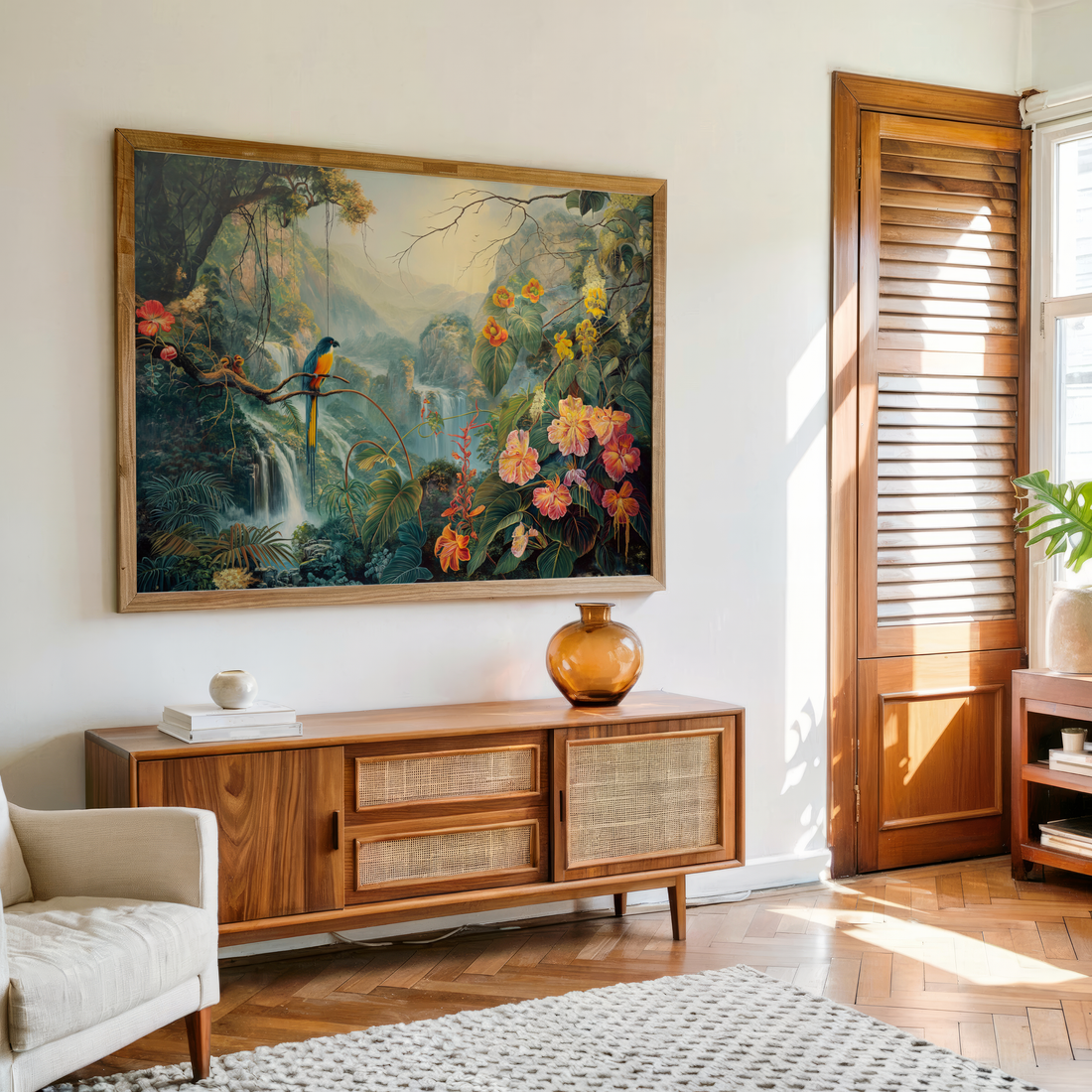 Nature waterfall landscape canvas print for living room decor in India with tropical forest scenery