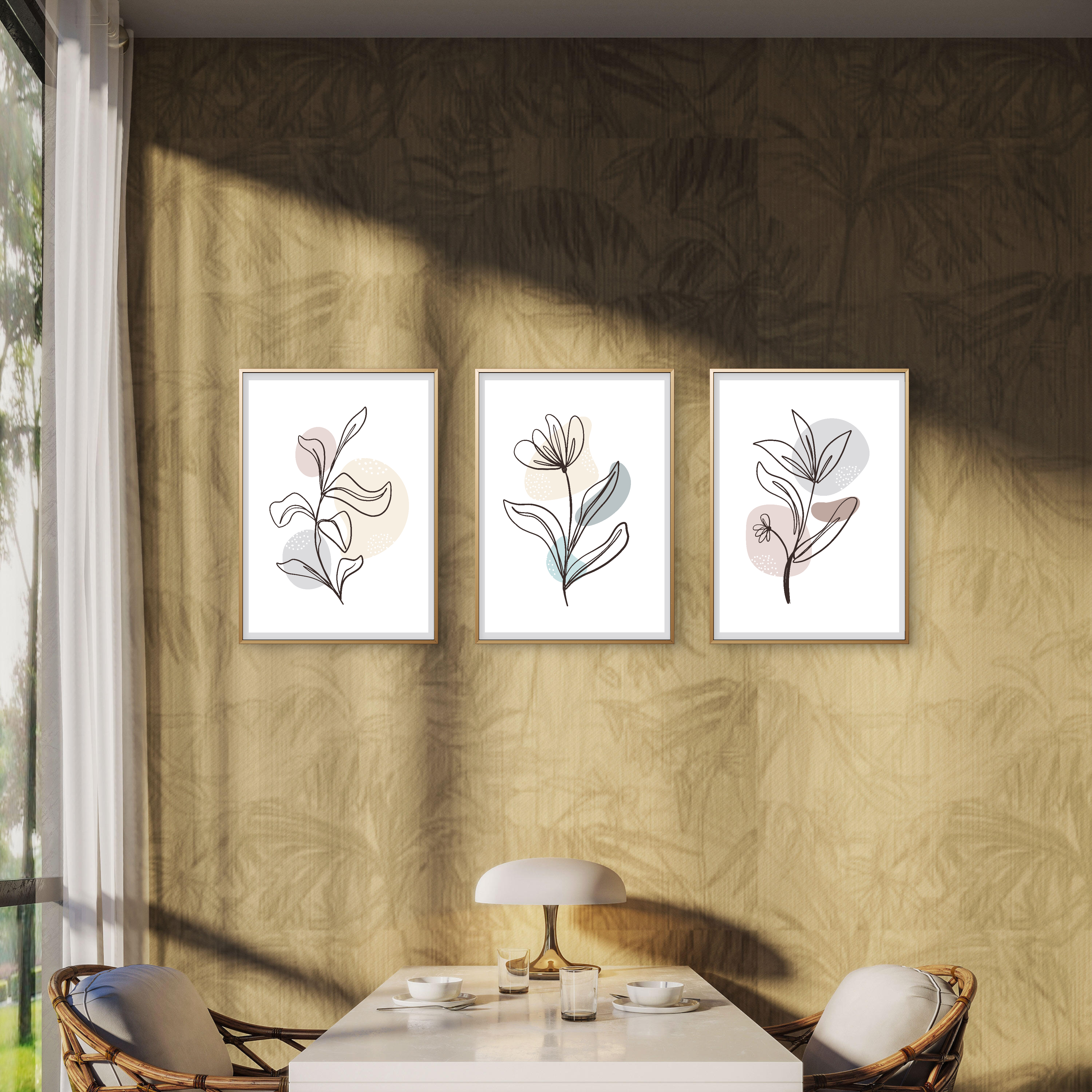 Elegant botanical prints in a 3-piece set for modern dining room decor