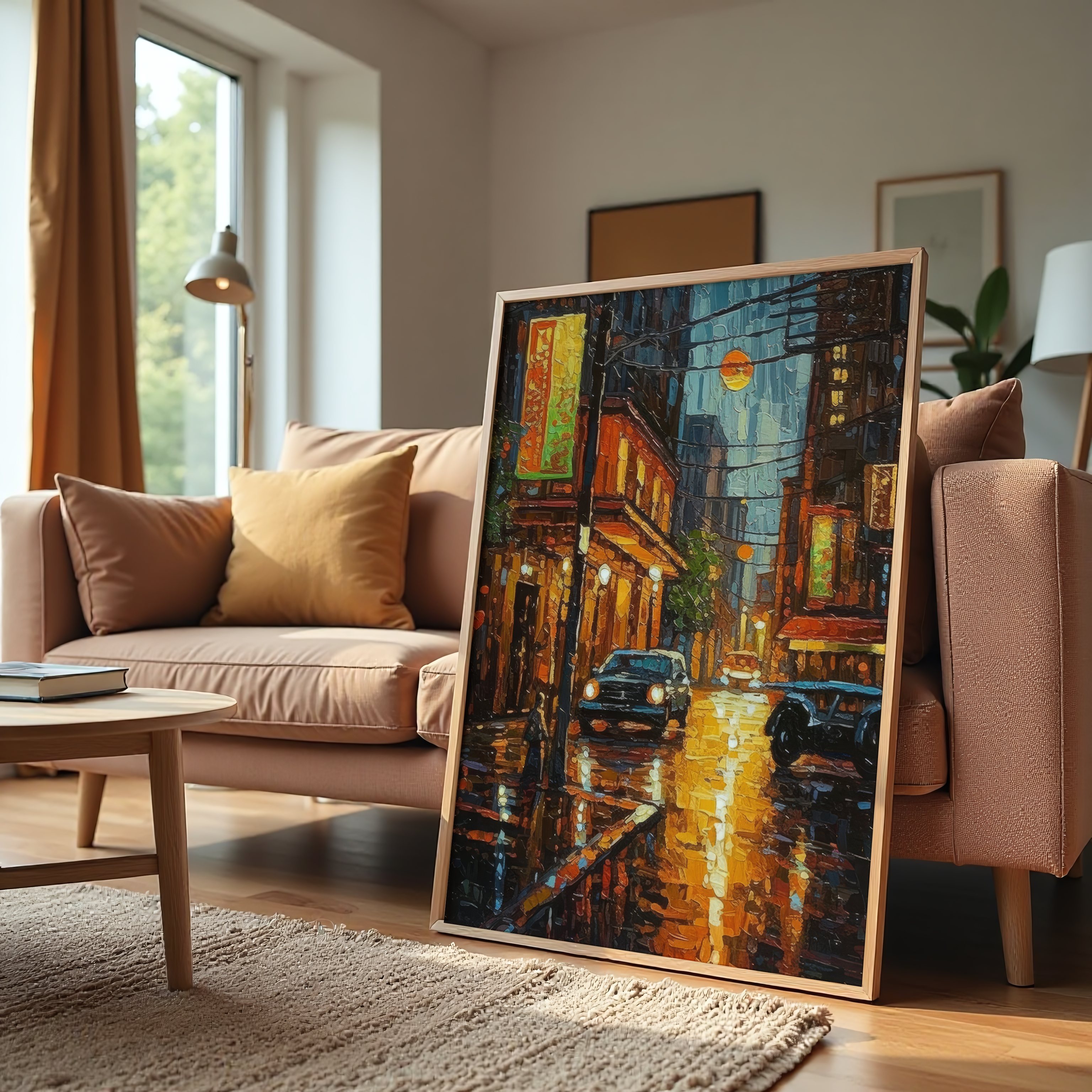 Night city street canvas wall art with cars and rainy reflections