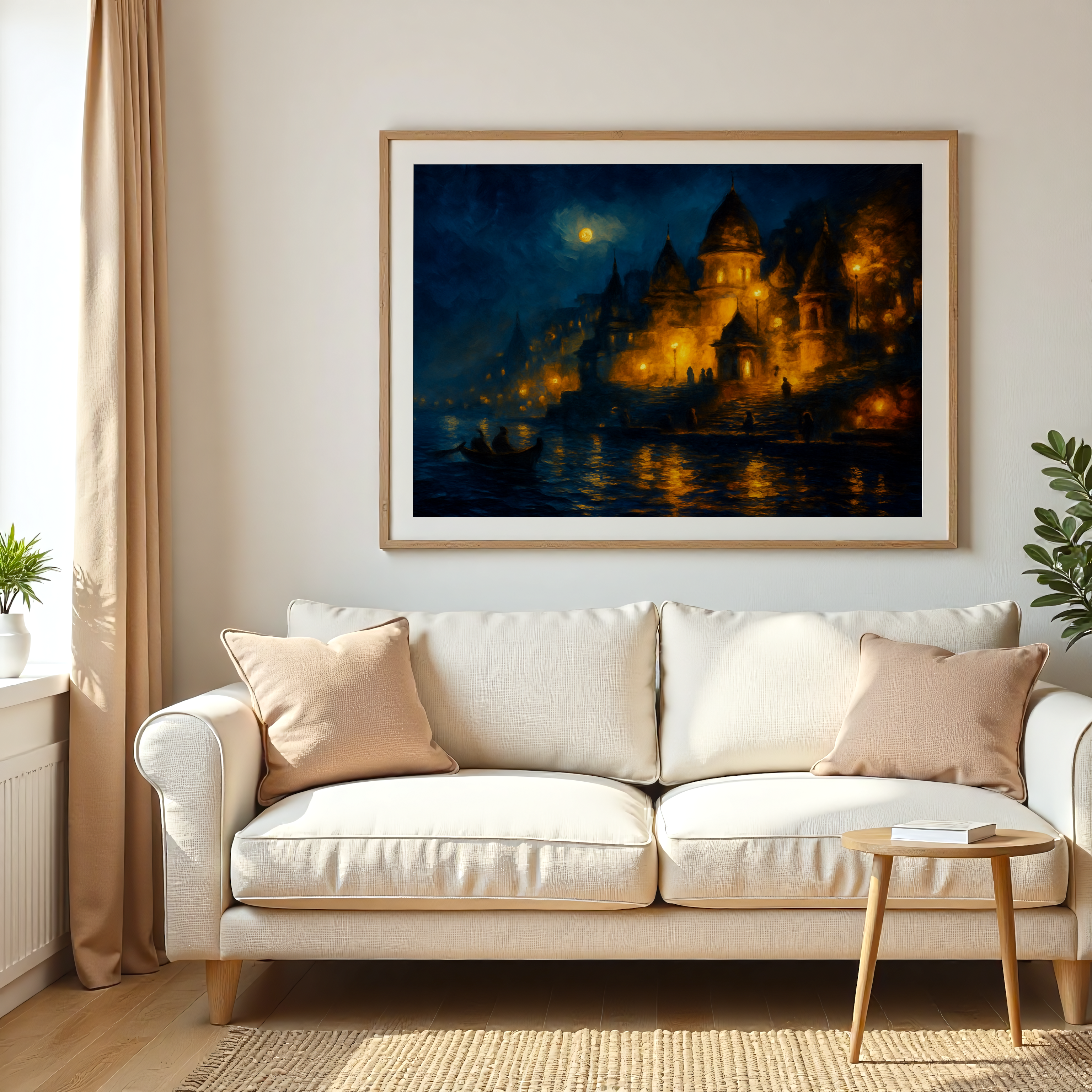 Spiritual painting of Varanasi at night with golden temple lights and serene river scene