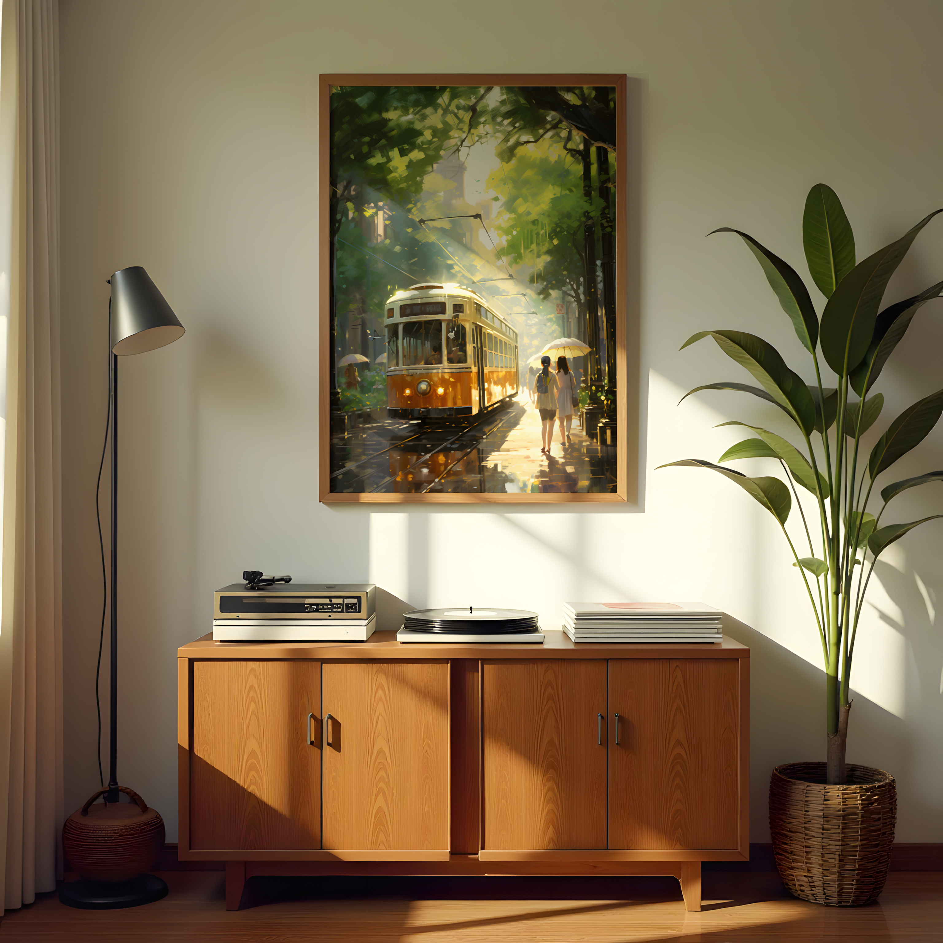 Urban street wall art with tram and umbrellas