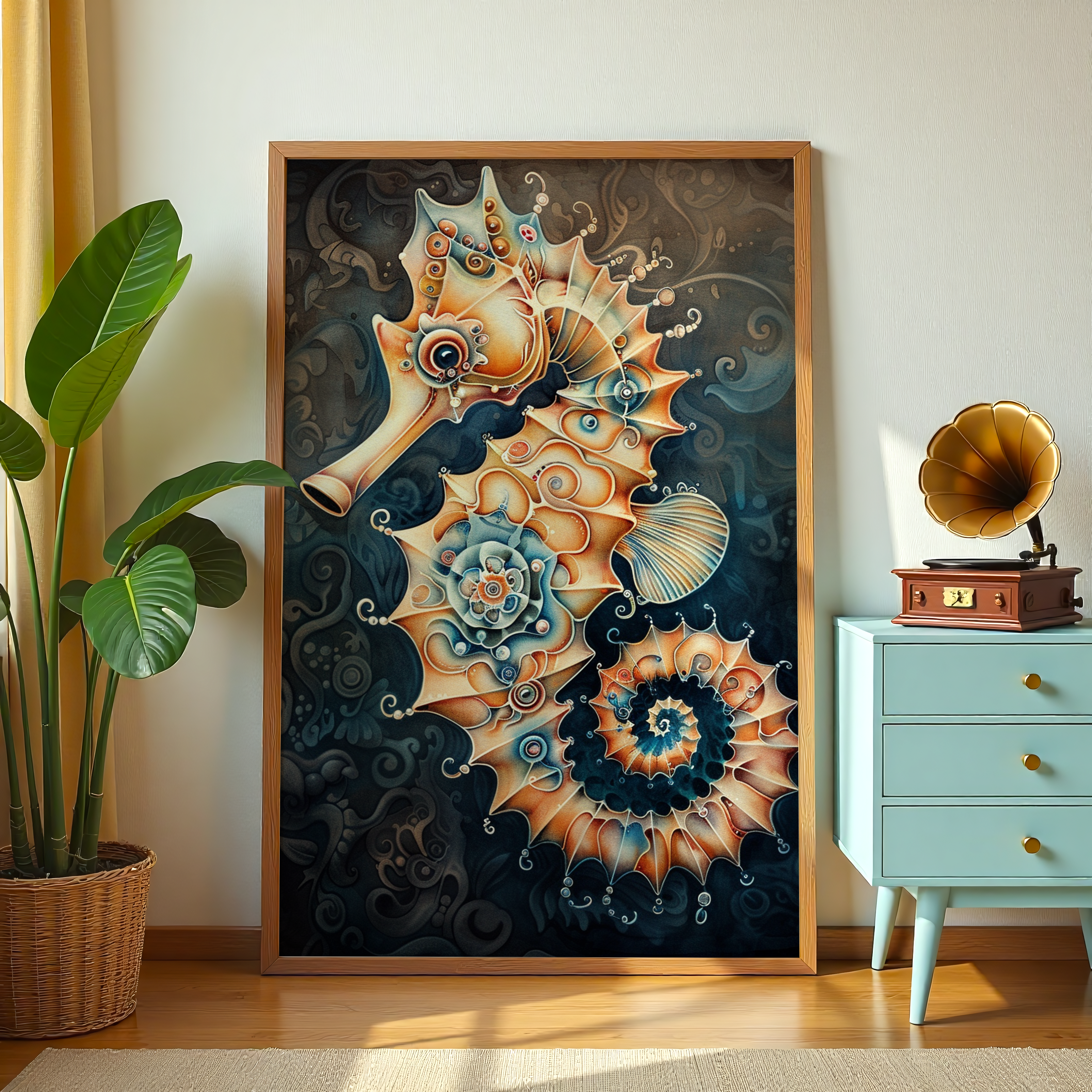 Ocean themed seahorse artwork for modern home and coastal décor