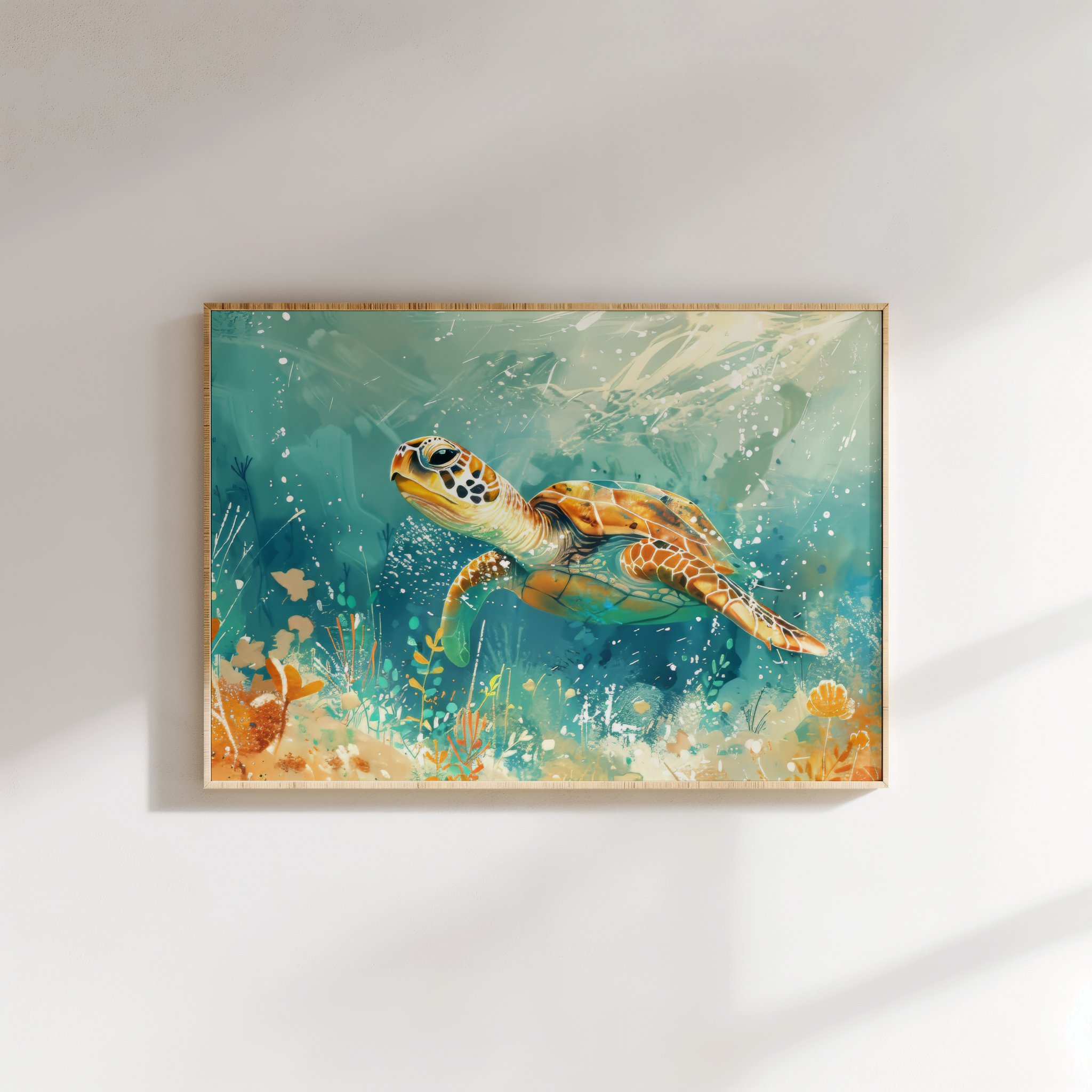 Ocean underwater painting of turtle with sea plants and bubbles