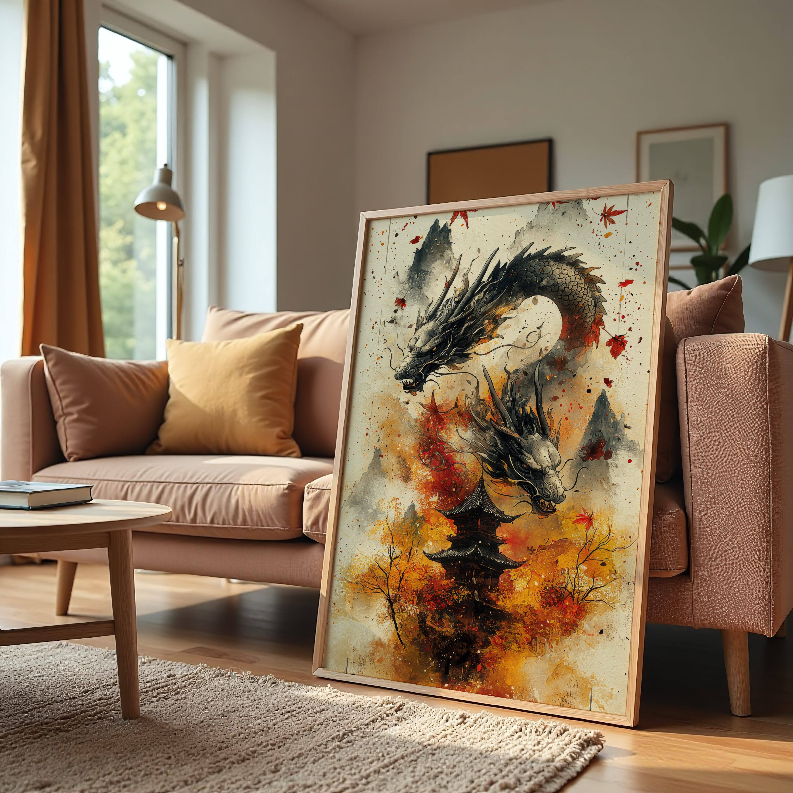 Oriental dragon and pagoda artwork in watercolor style