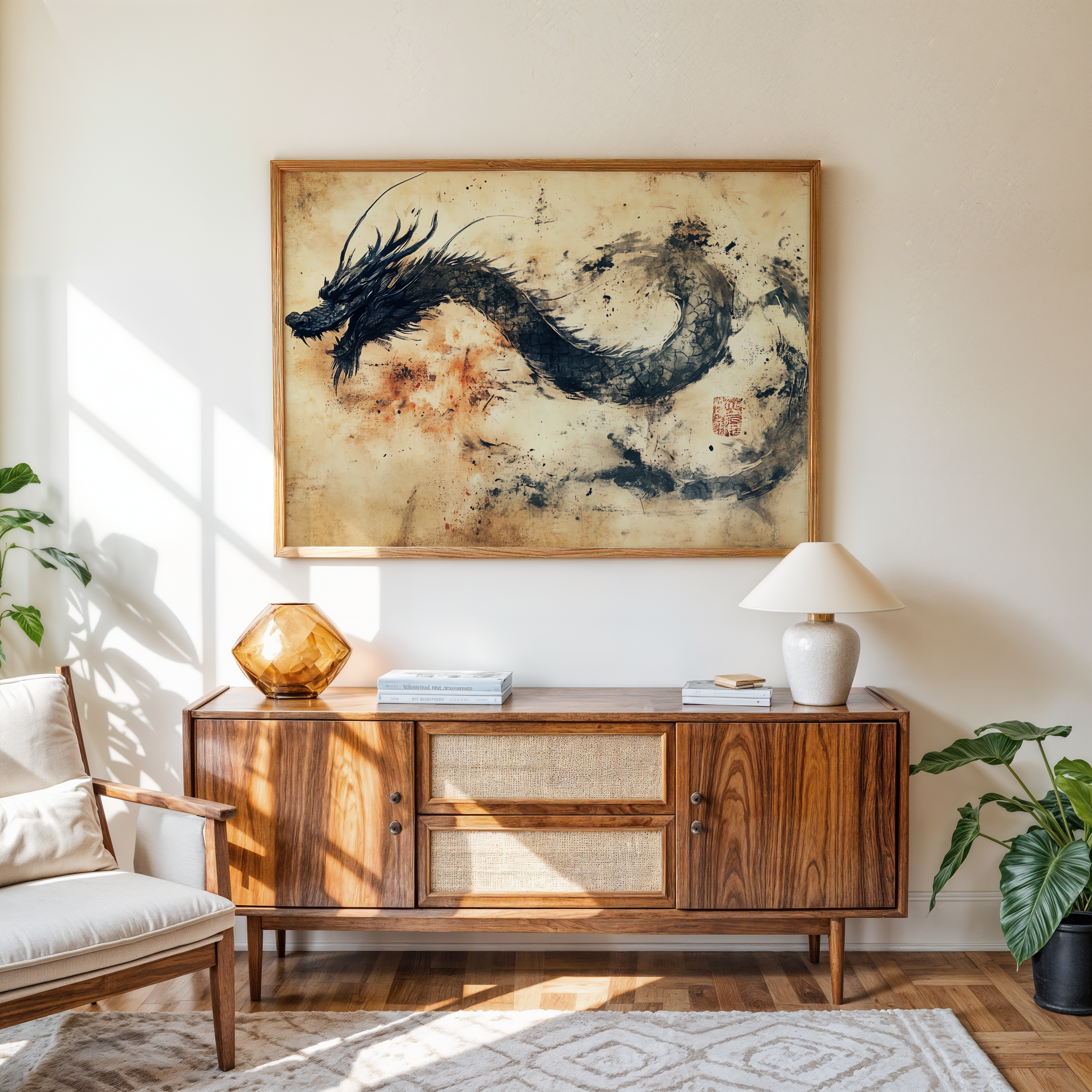 Black dragon oriental framed canvas wall art print