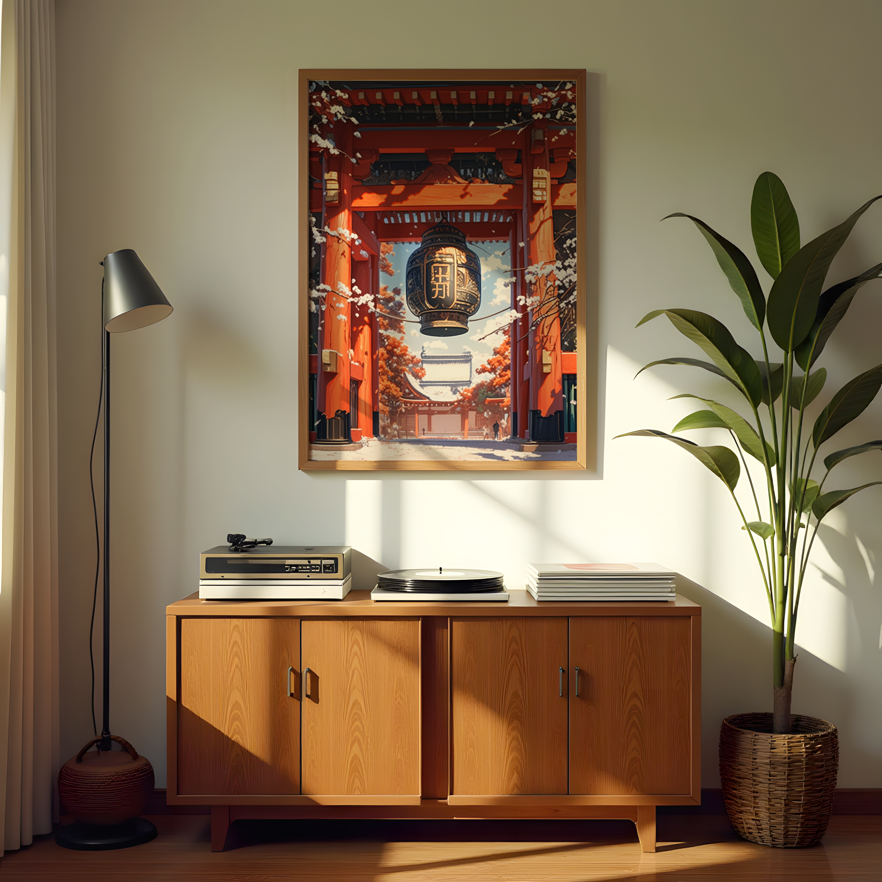 Oriental painting of temple gate with red pillars and blossoms