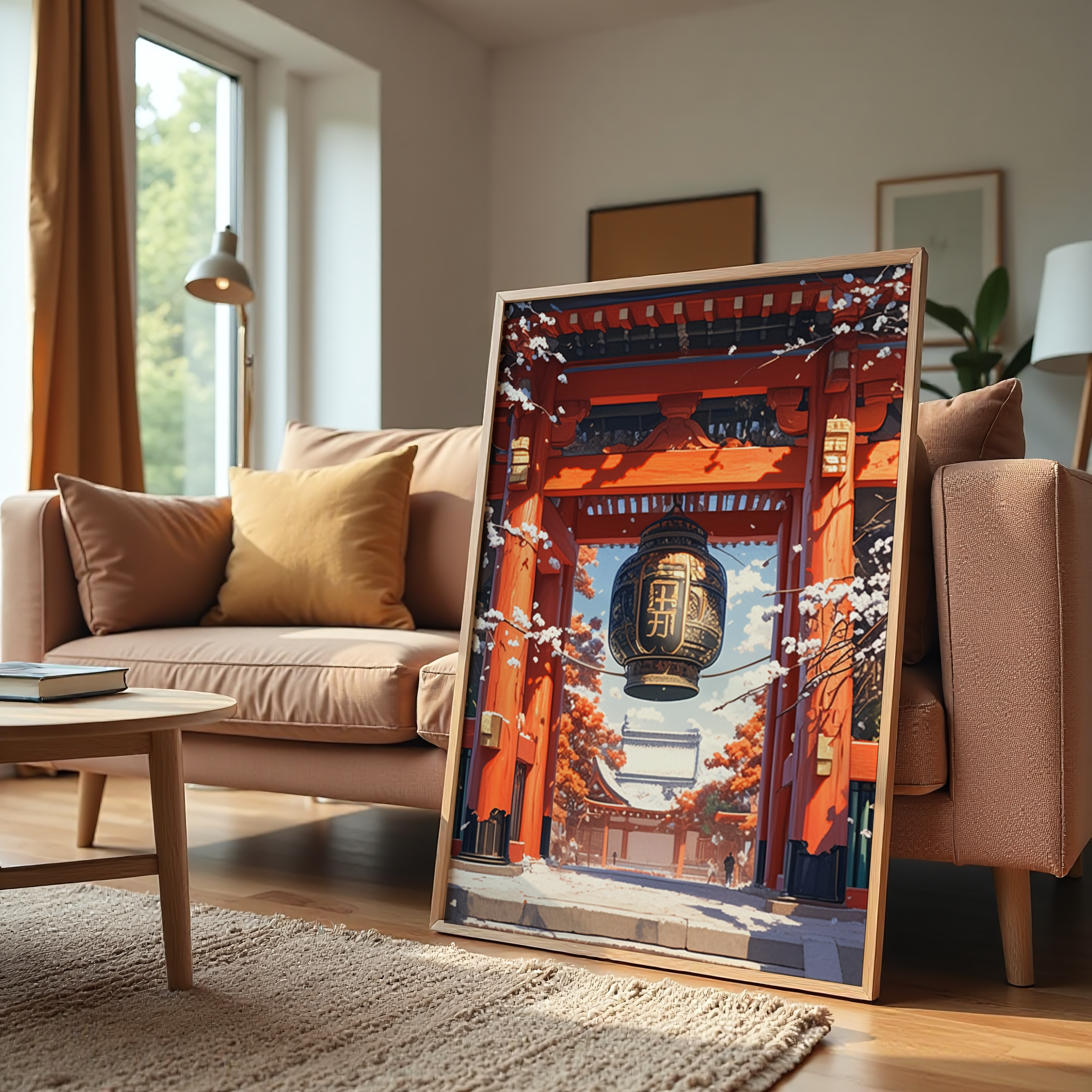 Oriental painting of temple gate with red pillars and blossoms