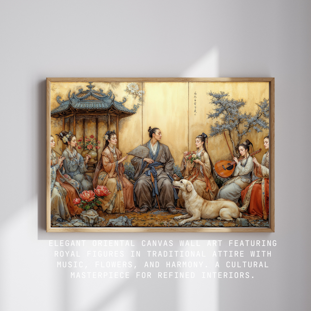 Elegant Oriental canvas wall art with traditional attire and nature elements on a white background.