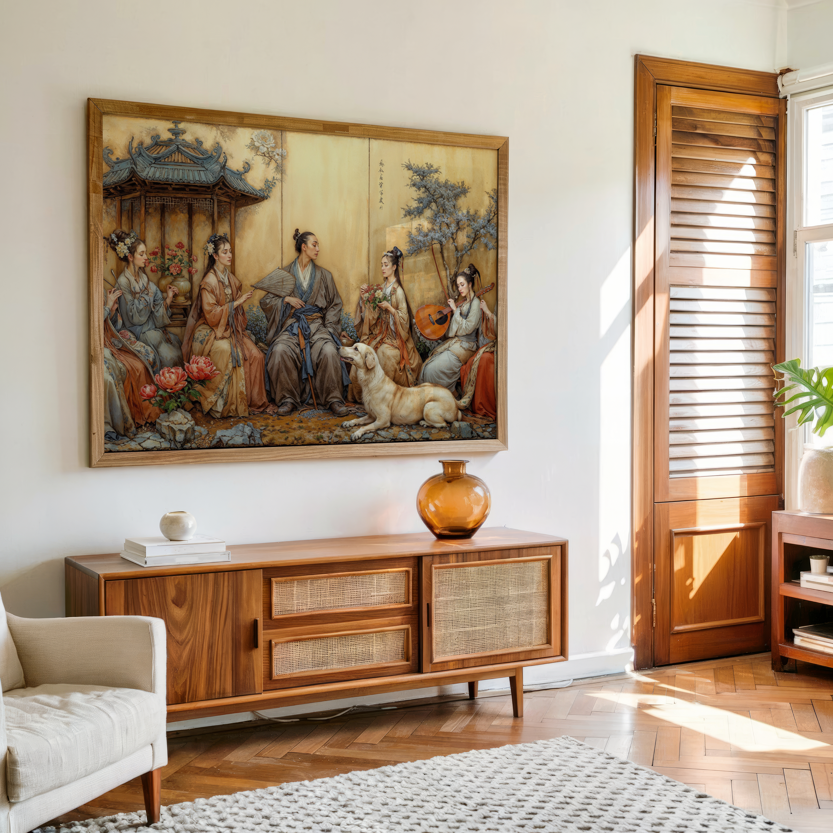 Canvas wall art of oriental royal gathering with women in traditional attire, music, and flowers