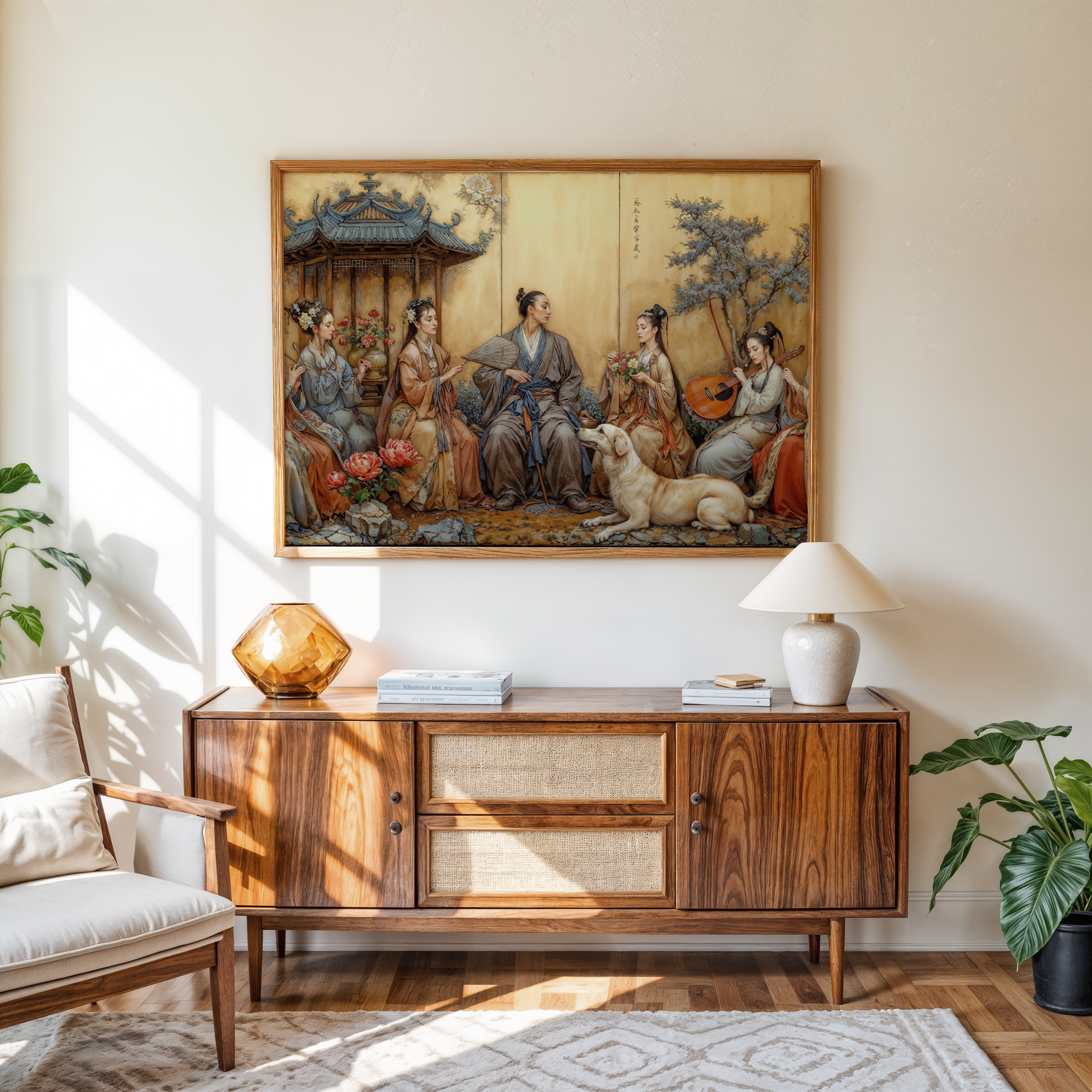Living room with wooden sideboard, lamp, and decorative painting on wall