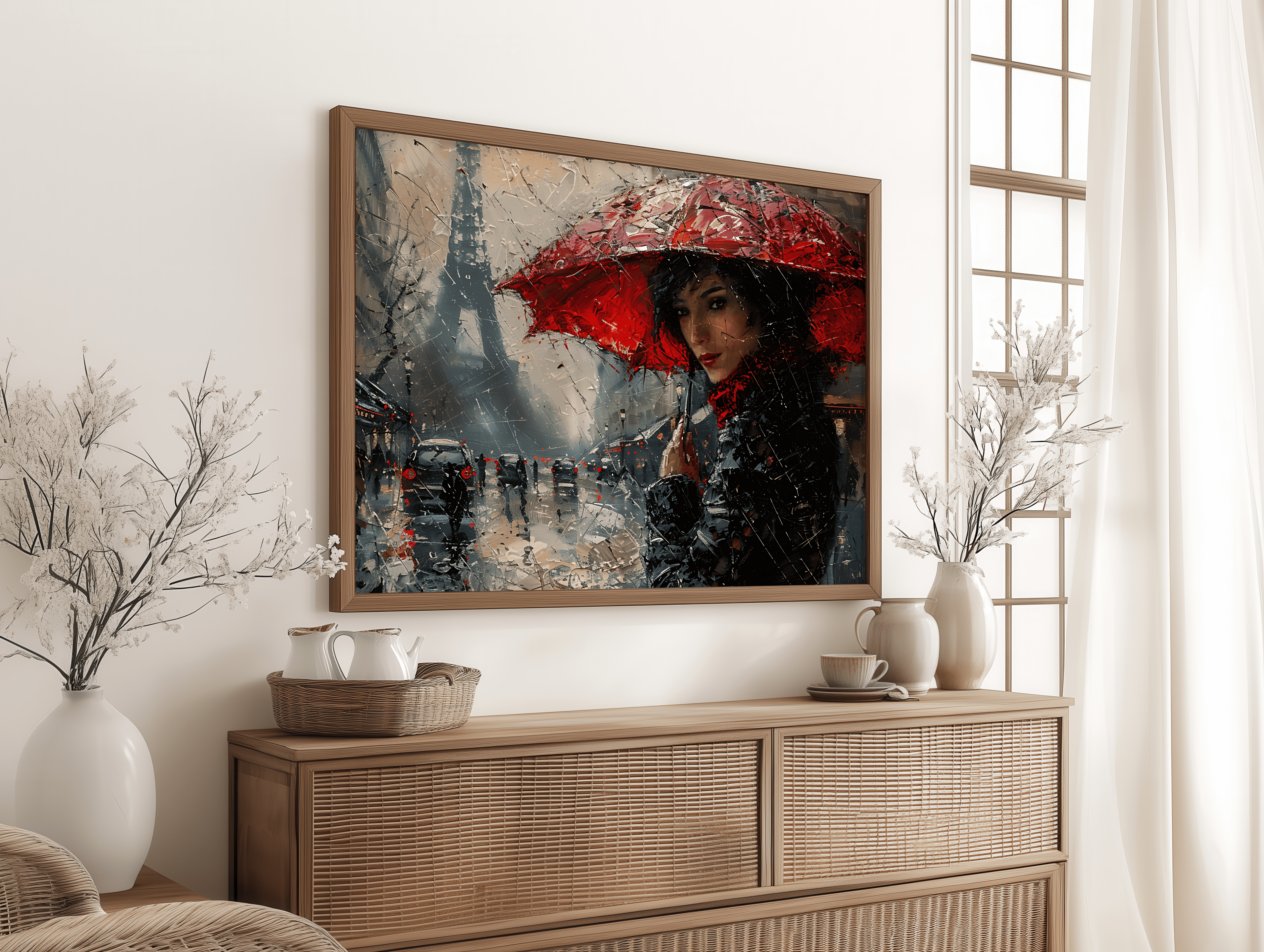 Paris canvas wall art of woman with red umbrella near Eiffel Tower