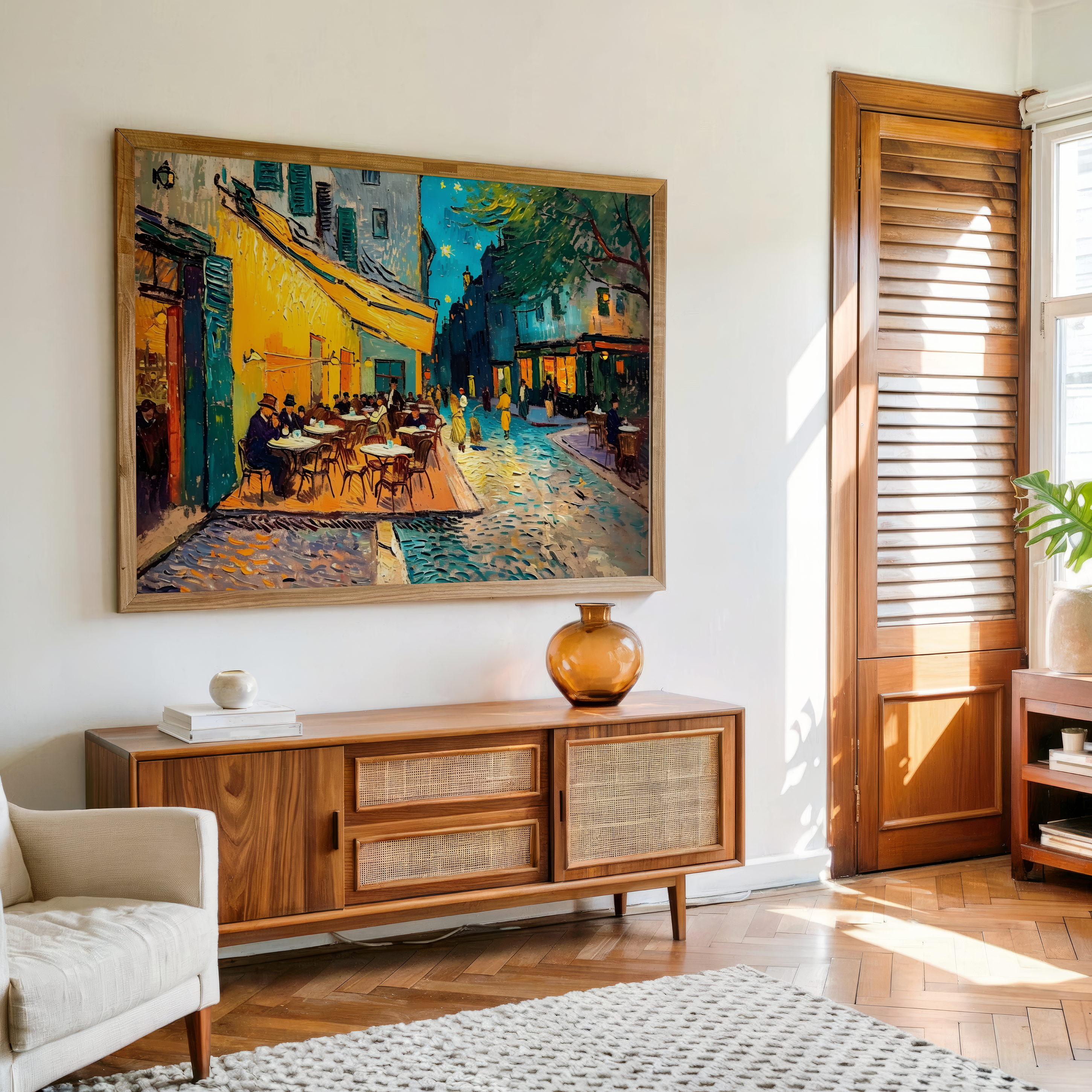 Paris night cafe street wall art canvas with warm lights and vibrant brush strokes