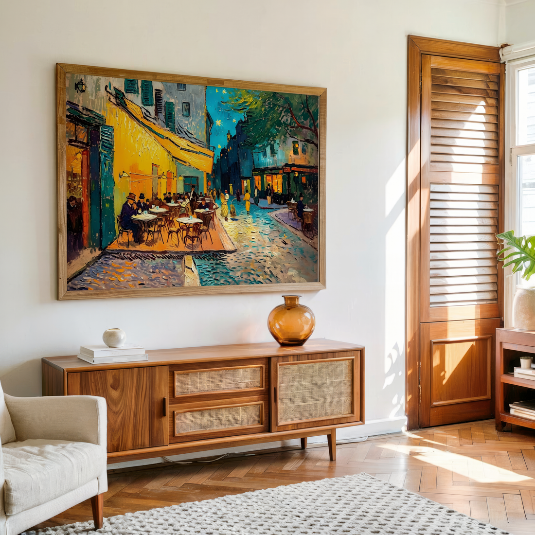 Paris night cafe street wall art canvas with warm lights and vibrant brush strokes