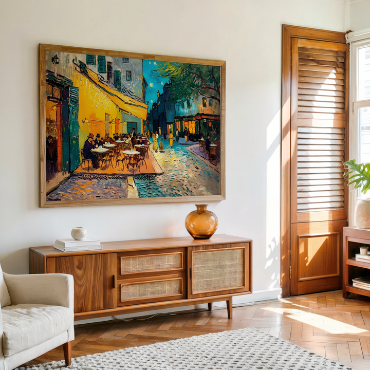 Paris night cafe street wall art canvas with warm lights and vibrant brush strokes