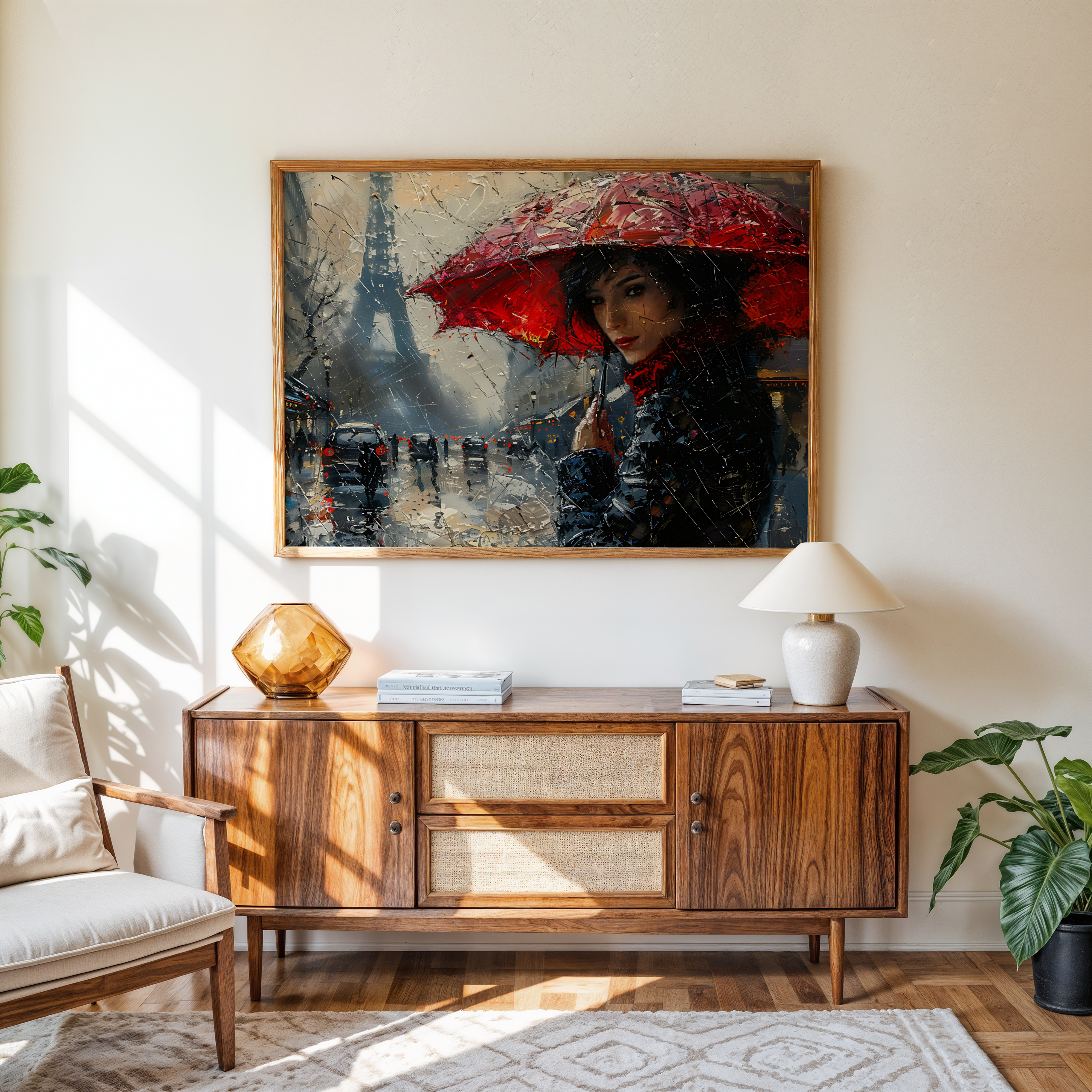 Paris romantic city canvas artwork with woman and Eiffel Tower