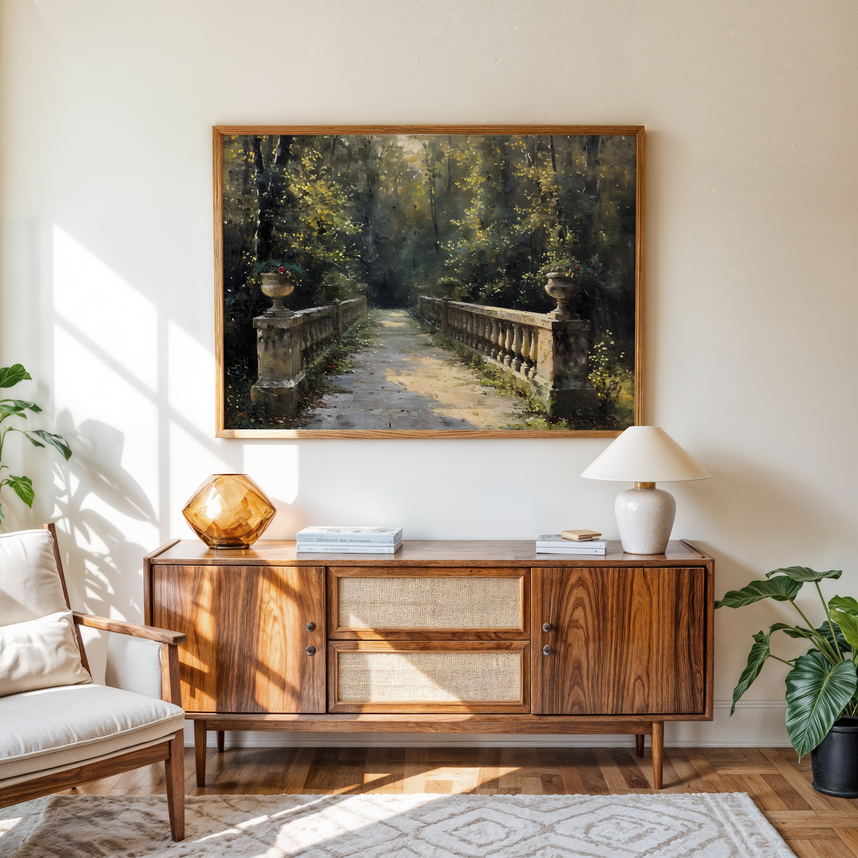 Peaceful forest path bridge landscape wall decor with calming green tones