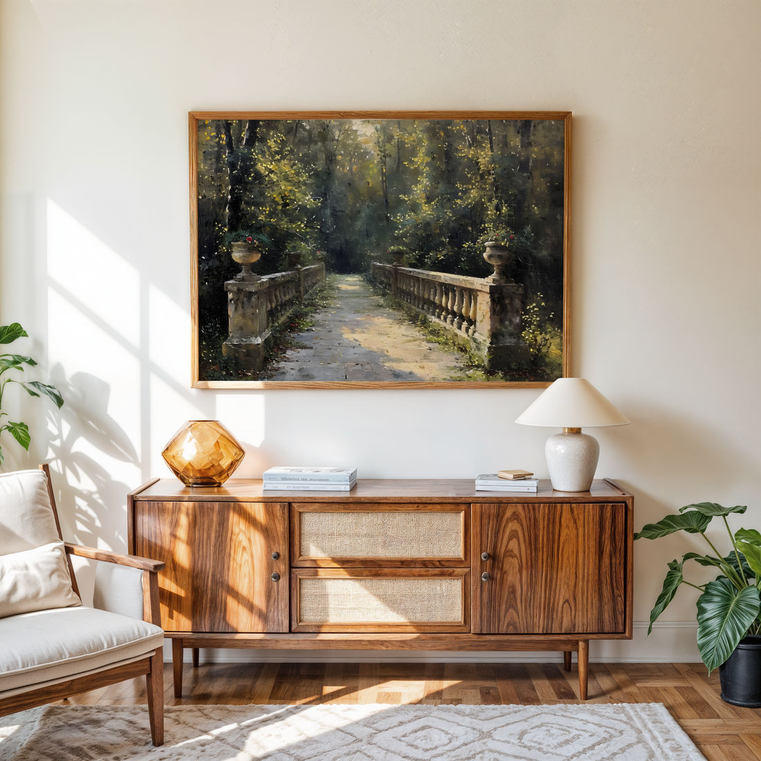 Peaceful forest path bridge landscape wall decor with calming green tones