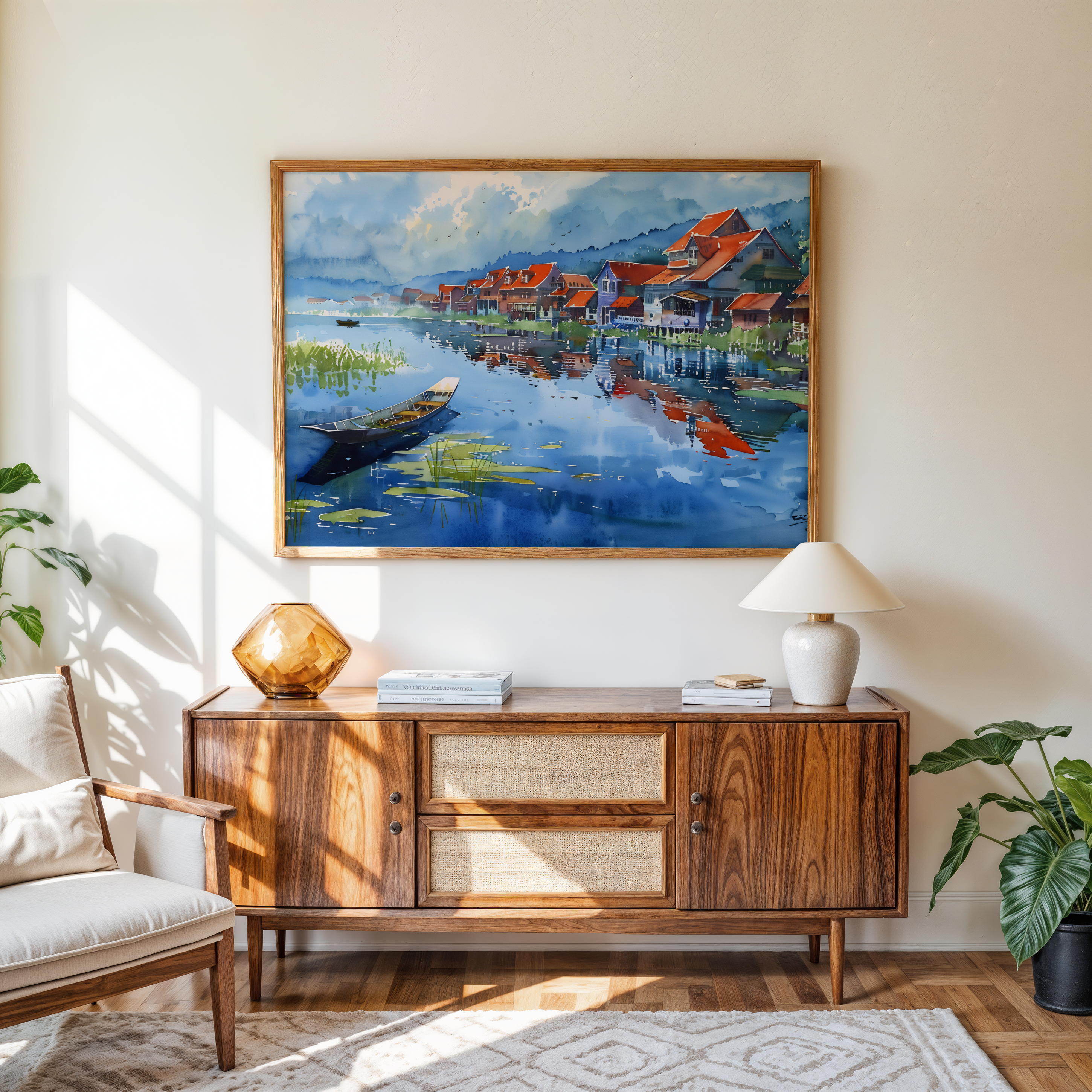 Peaceful lakeside scenery canvas artwork with red-roof houses