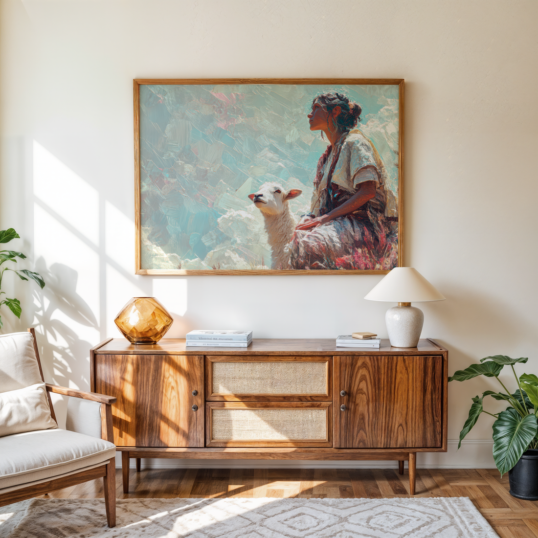 Peaceful nature inspired woman sheep artwork