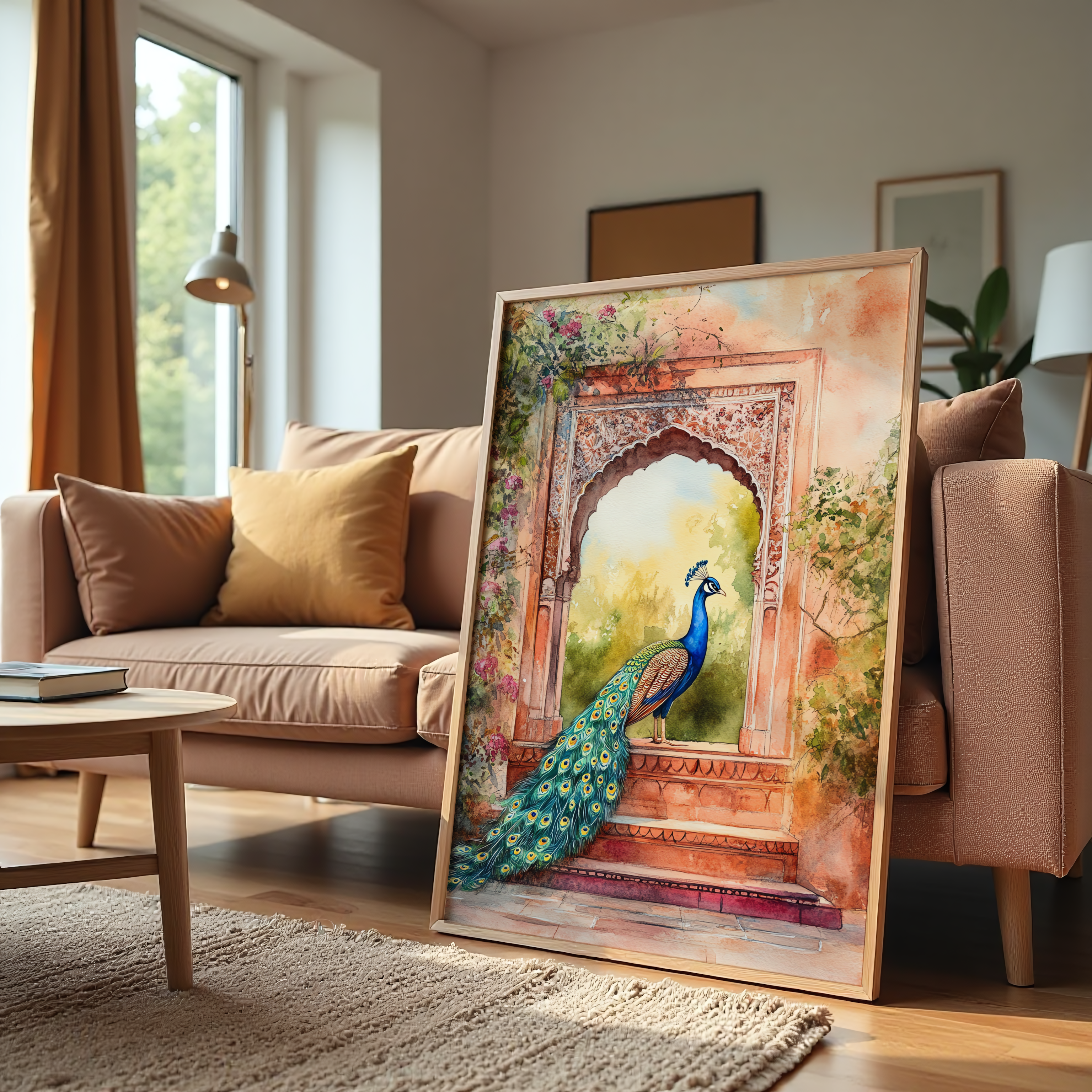 Peacock canvas wall art with Mughal arch design – heritage style painting for home décor