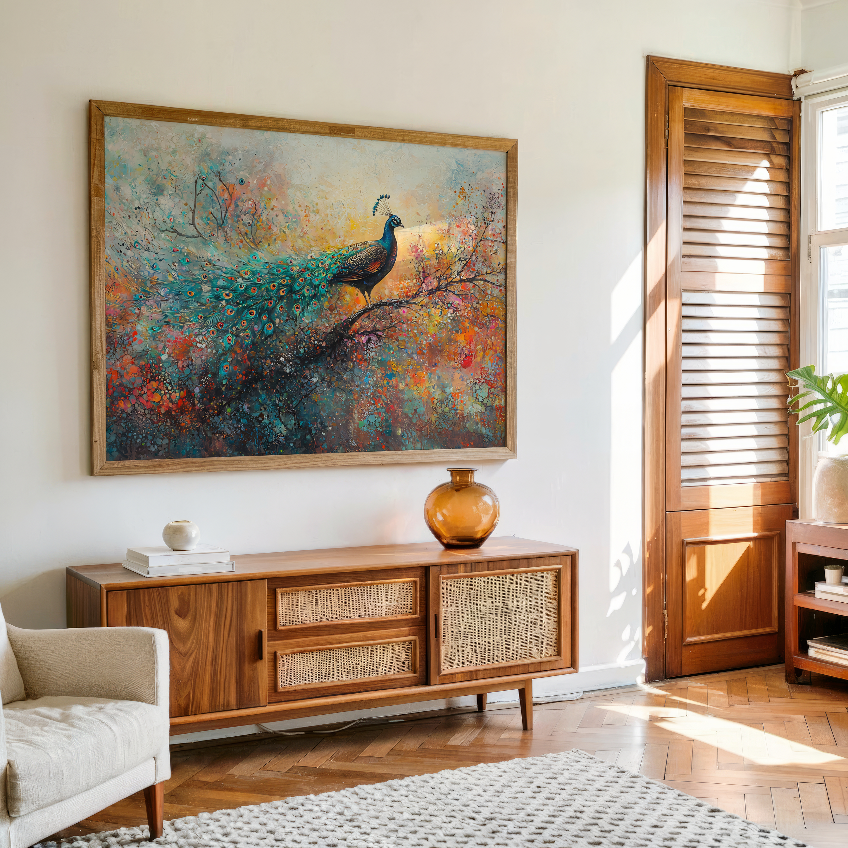 Majestic peacock perched on branch vibrant canvas wall art