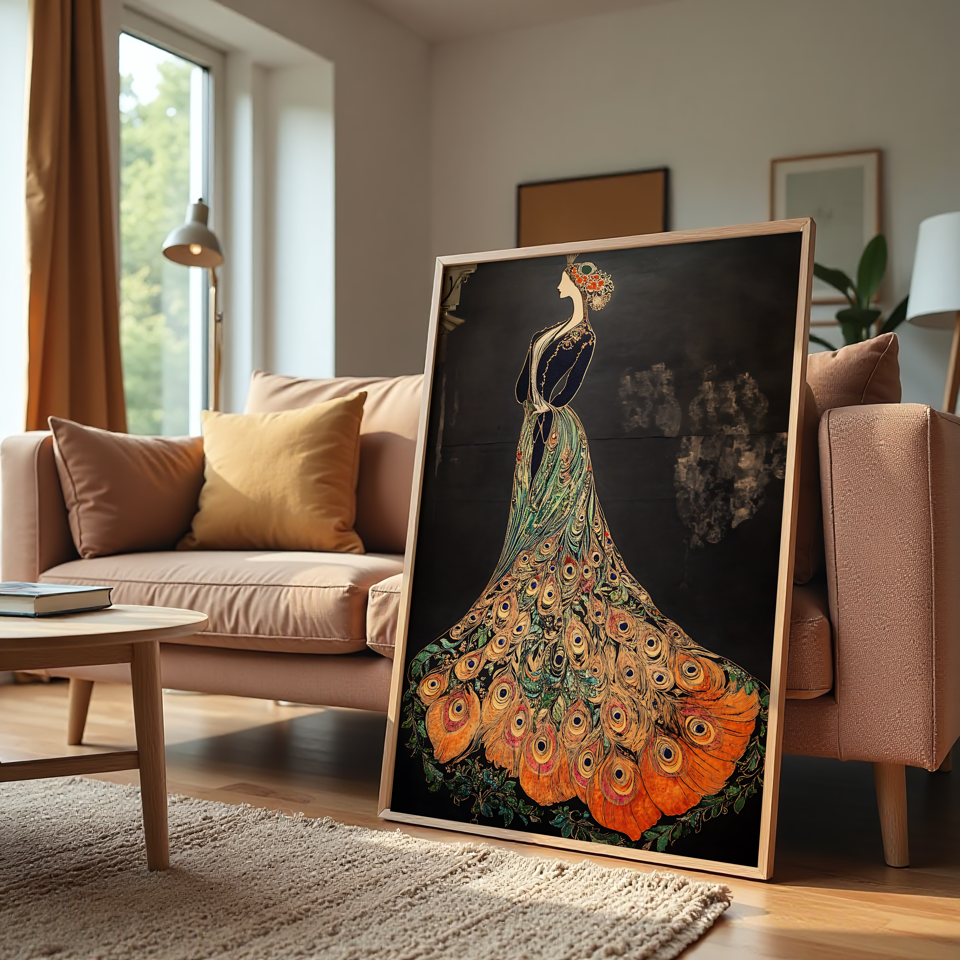 Elegant woman in peacock feather dress canvas wall art.
