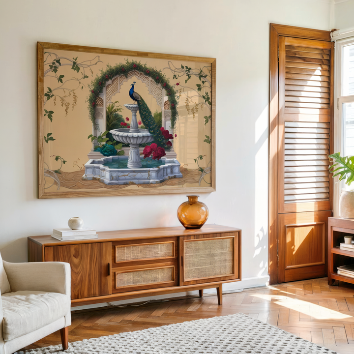 Peacock on marble fountain canvas wall art in Mughal garden style