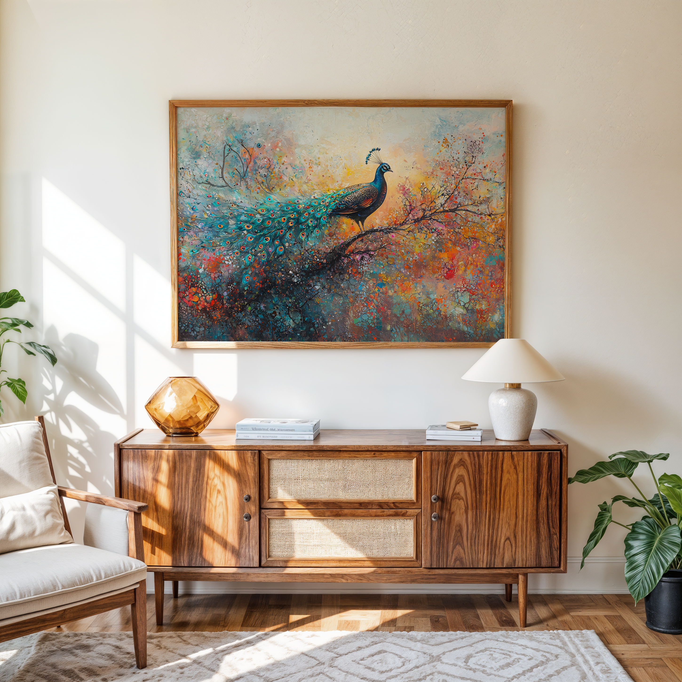 Living room with wooden sideboard, lamp, and abstract peacock painting on wall