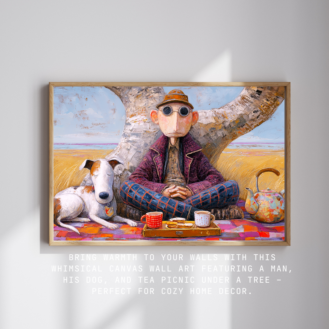Colorful canvas wall art of dog resting beside man during a cozy picnic outdoors