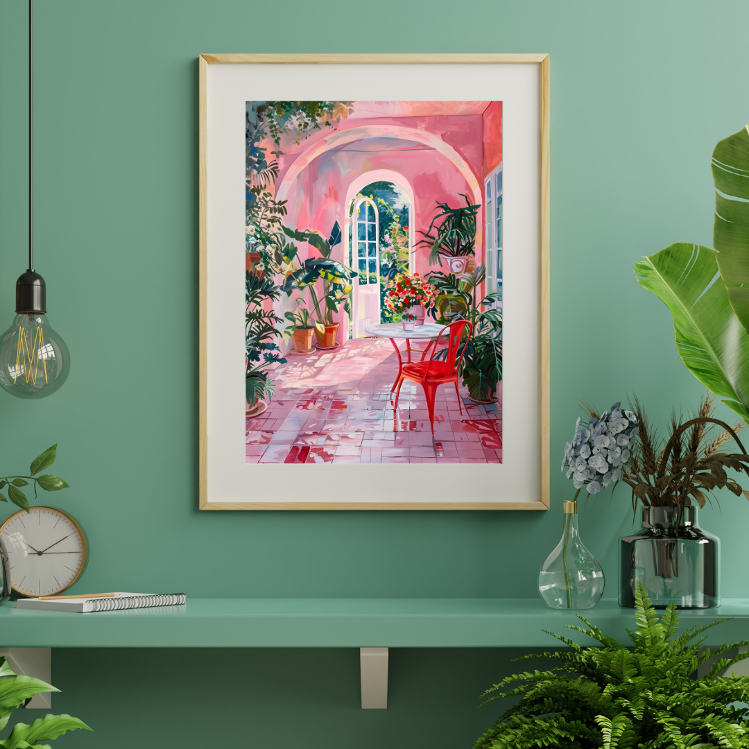 Whimsical illustrated pink room with plants and cozy chair – garden-themed wall artwork