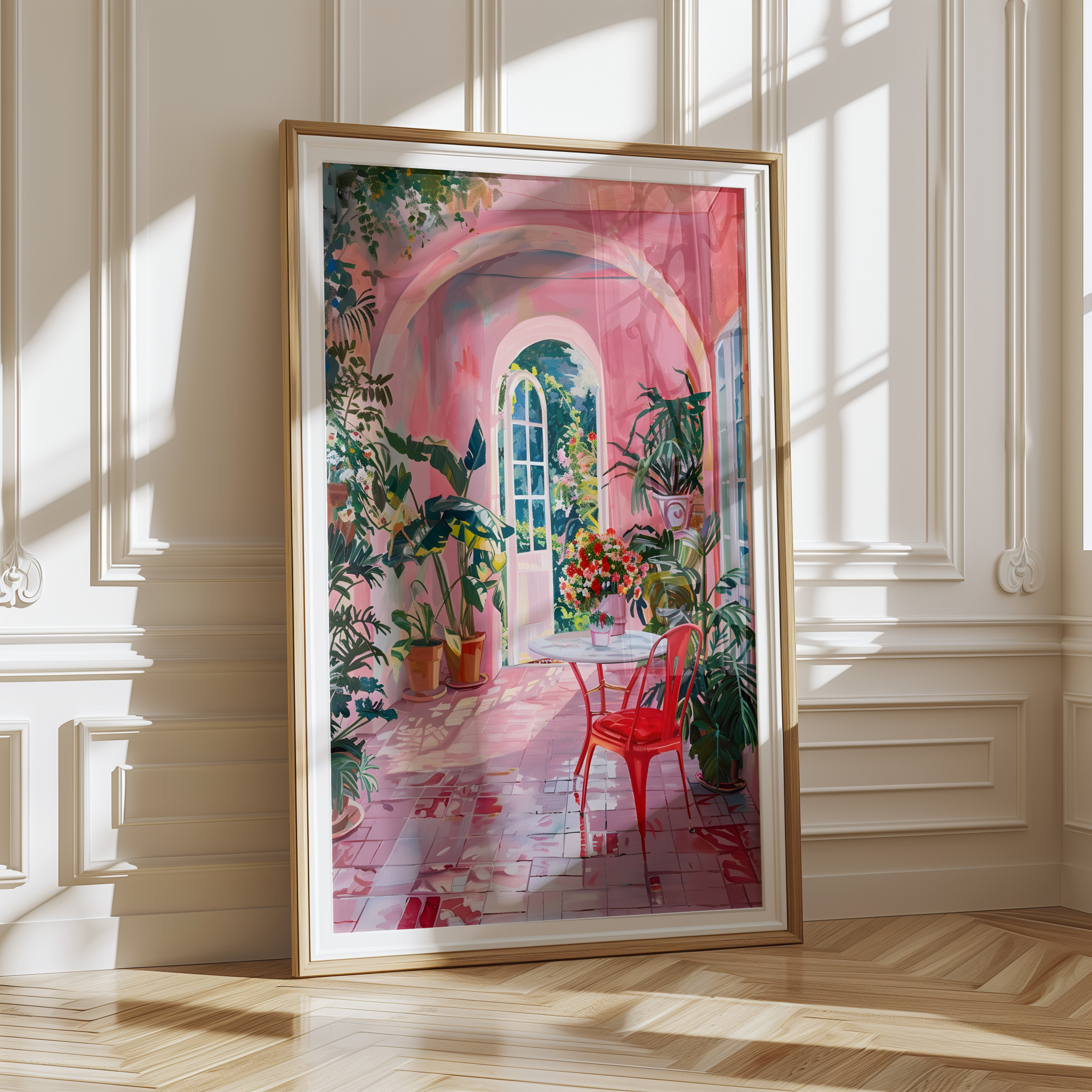 Illustrated pink garden patio with sunlight, plants, and red chair – vibrant interior art print