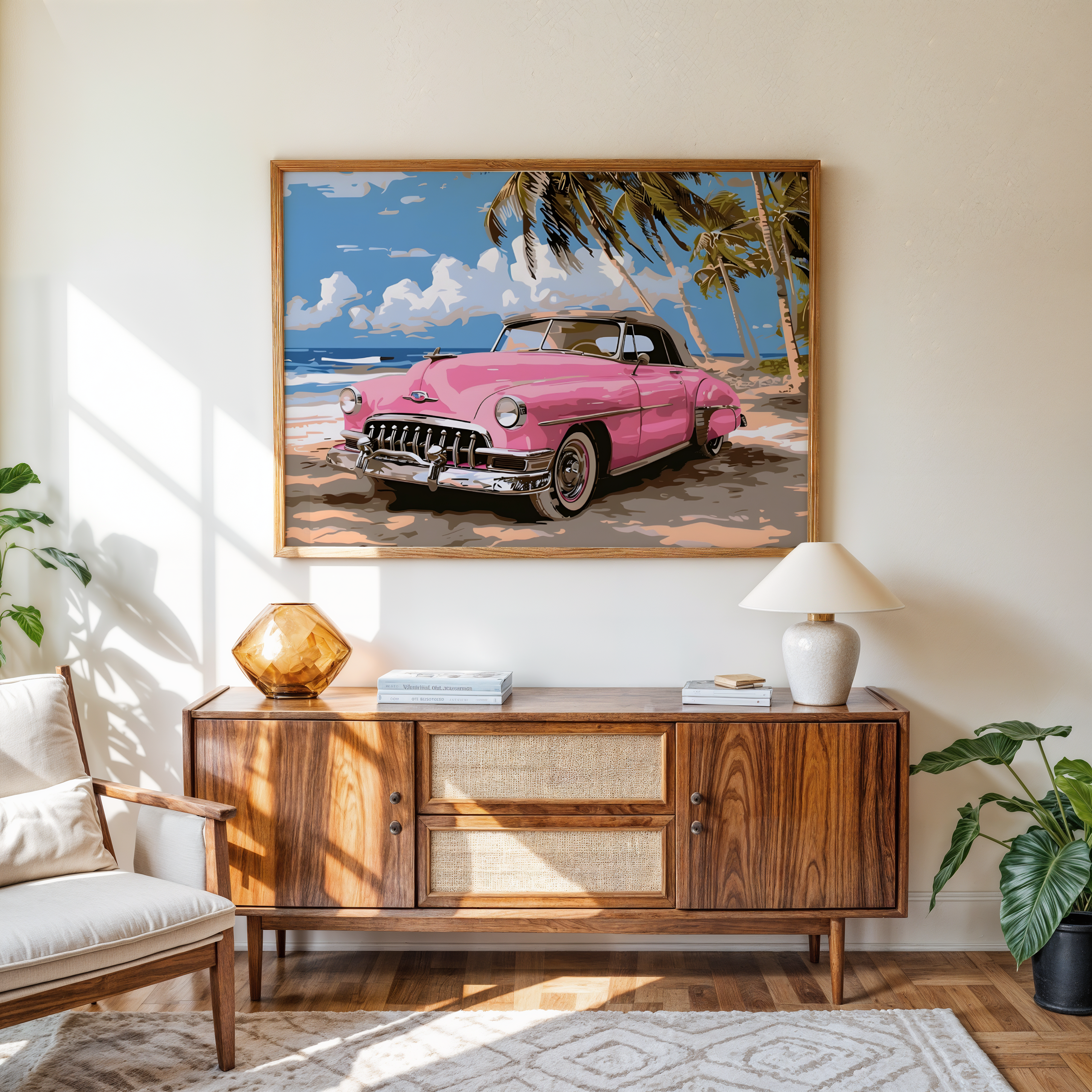 Illustrated vintage pink convertible on a tropical beach with palm trees – retro summer wall decor