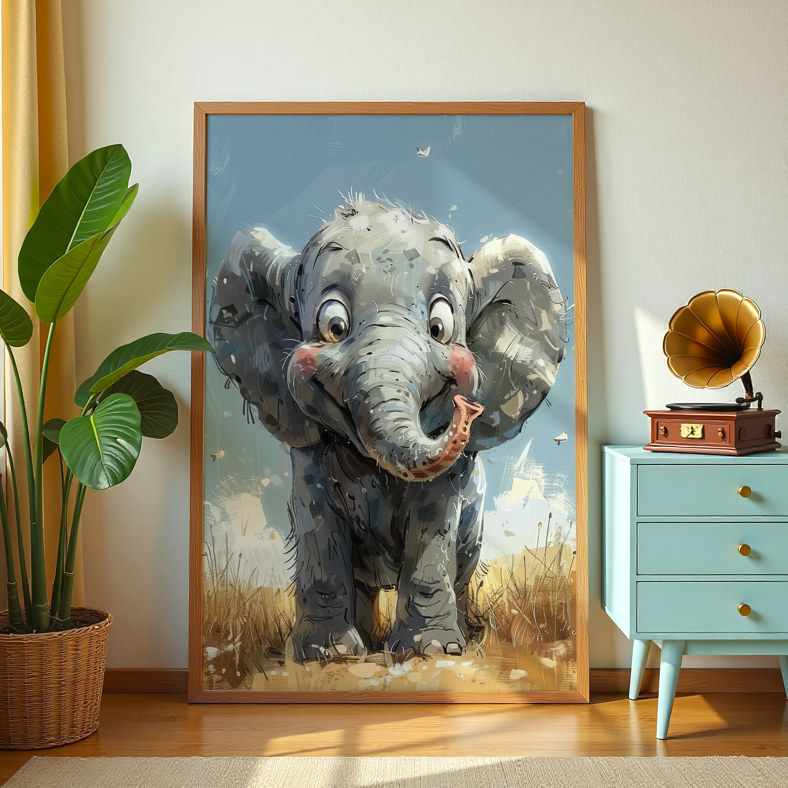 Playful baby elephant wall art canvas print for children bedroom
