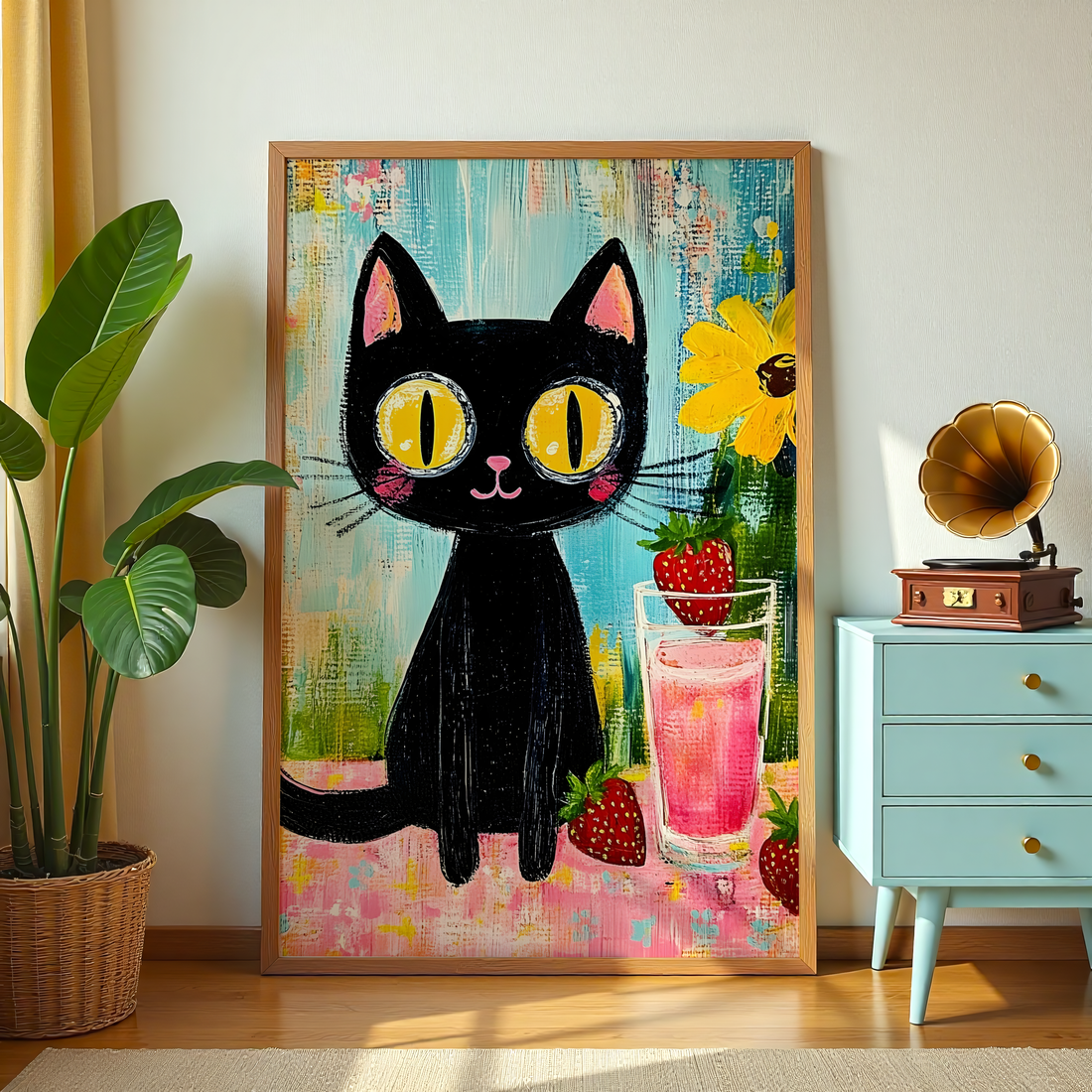 Cute black cat illustration wall art for kids room decor