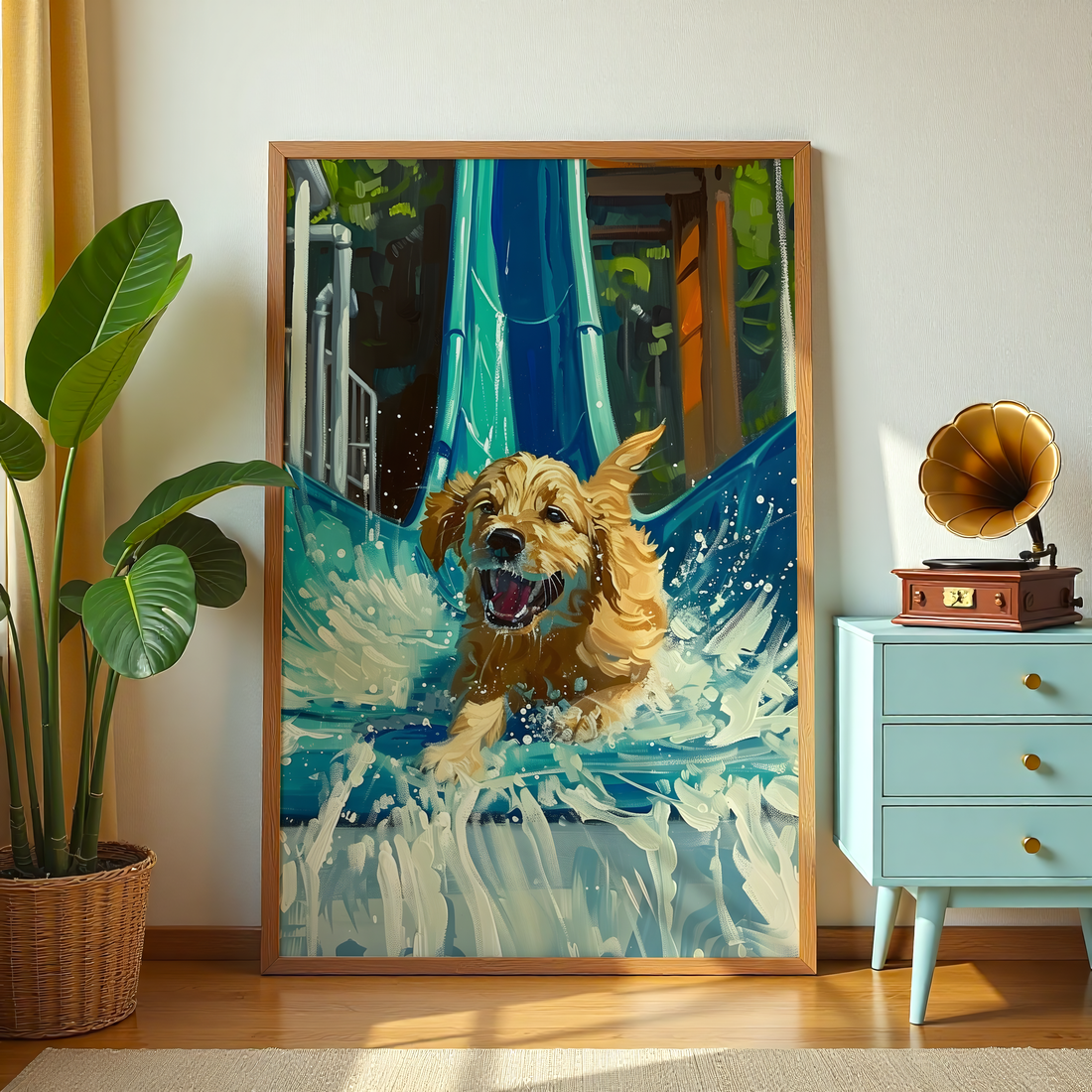 Playful dog splashing through water canvas wall art