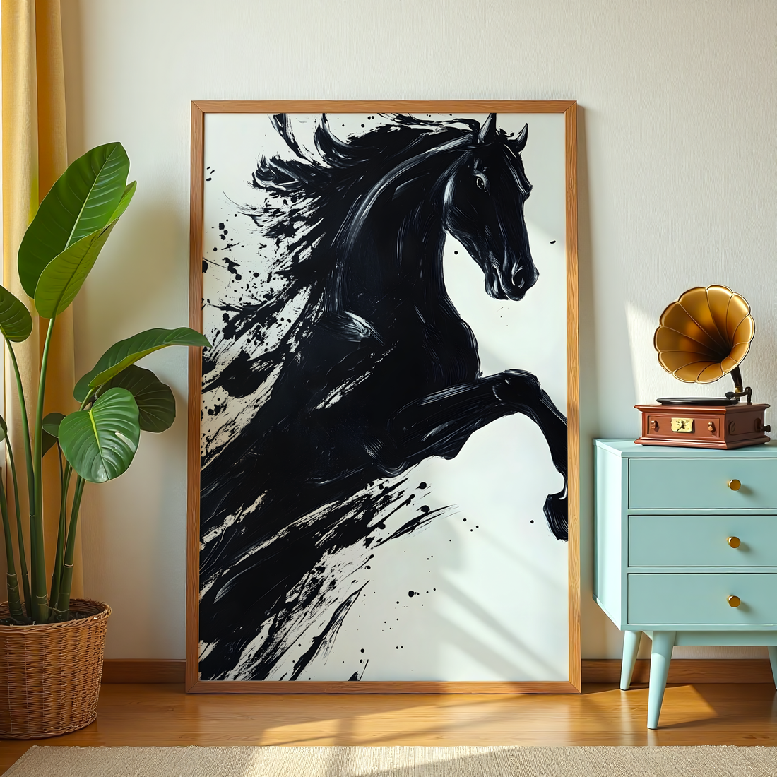 Powerful black horse modern canvas wall art for living room