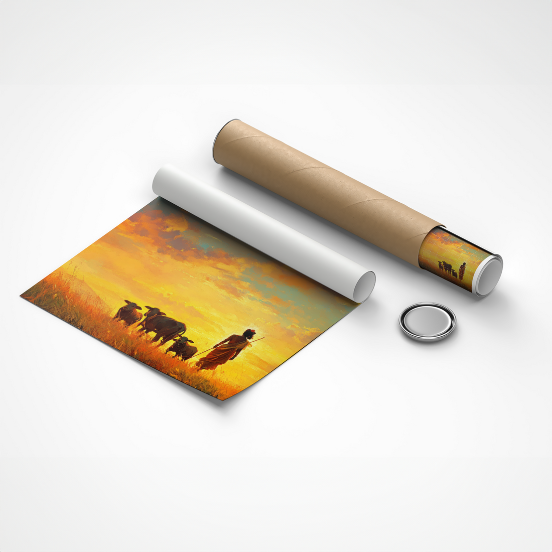 Lord Krishna with Cows at Sunset Canvas Wall Art