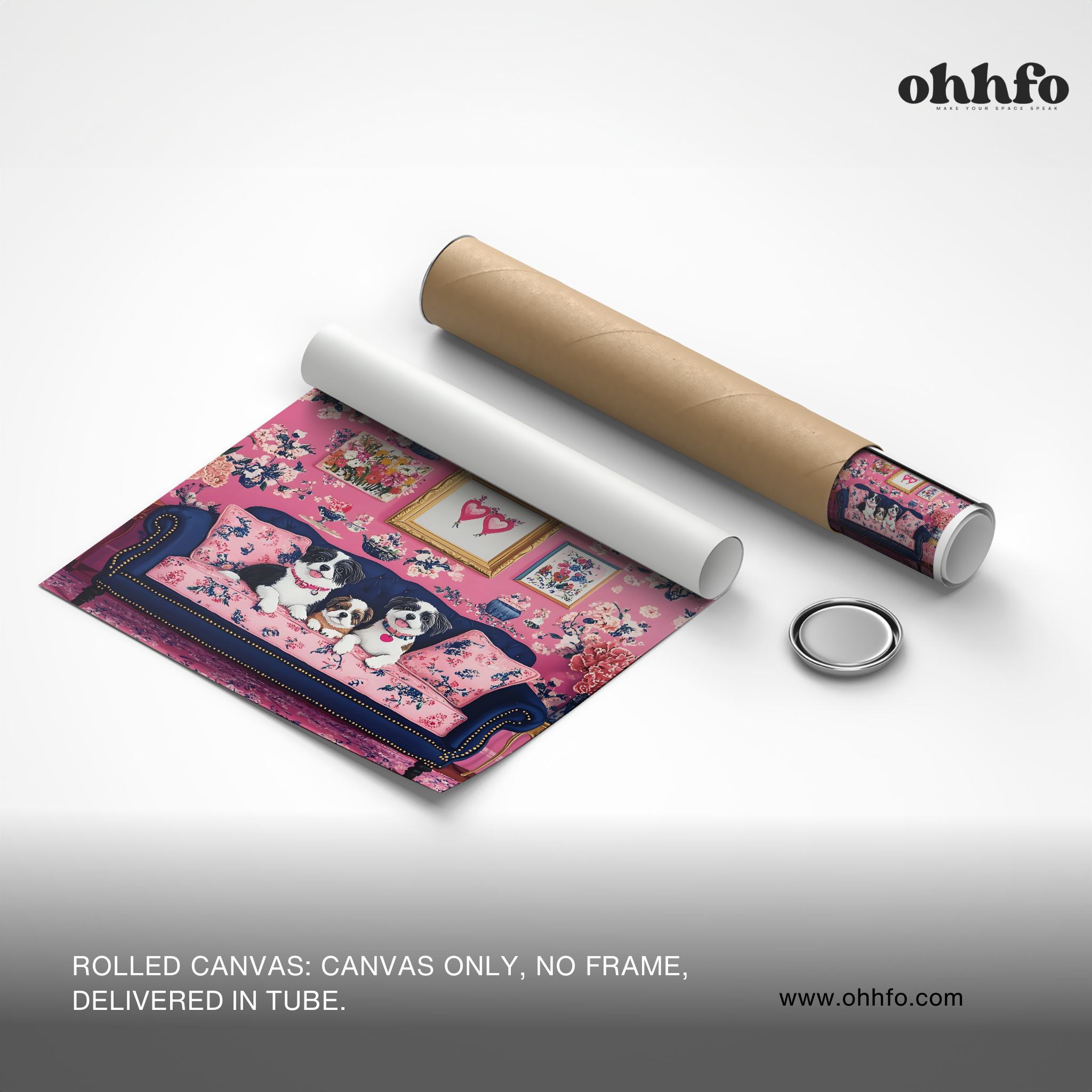 Cute Dogs on Floral Sofa Canvas Wall Art