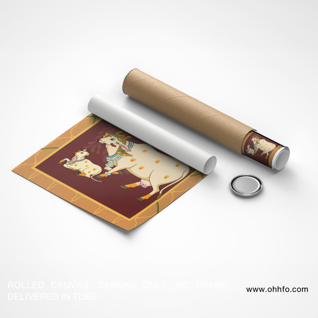 Sacred Cow & Calf Canvas Wall Art – Traditional Hindu Religious Decor