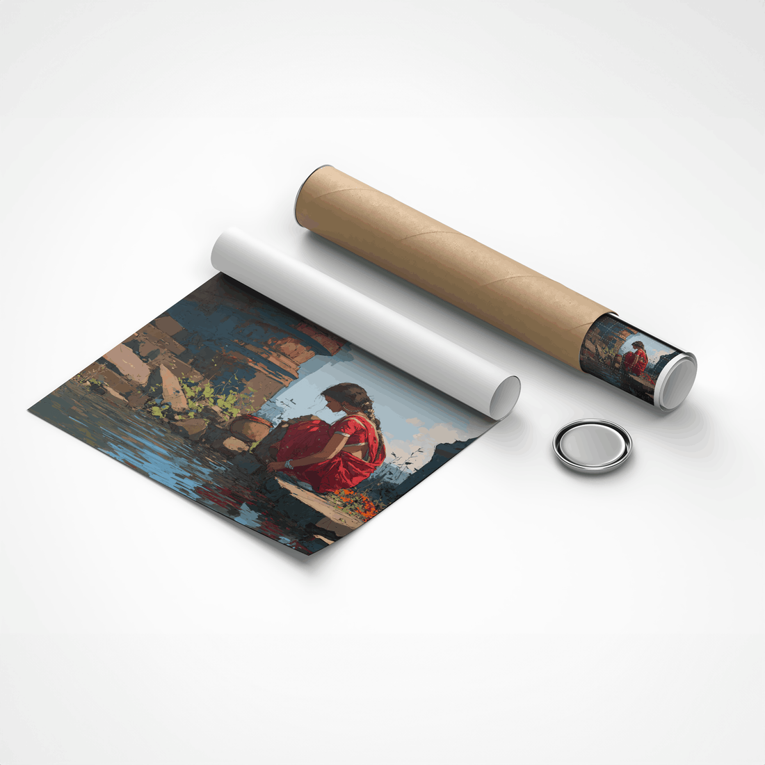 Indian Village Woman by Water Canvas Wall Art