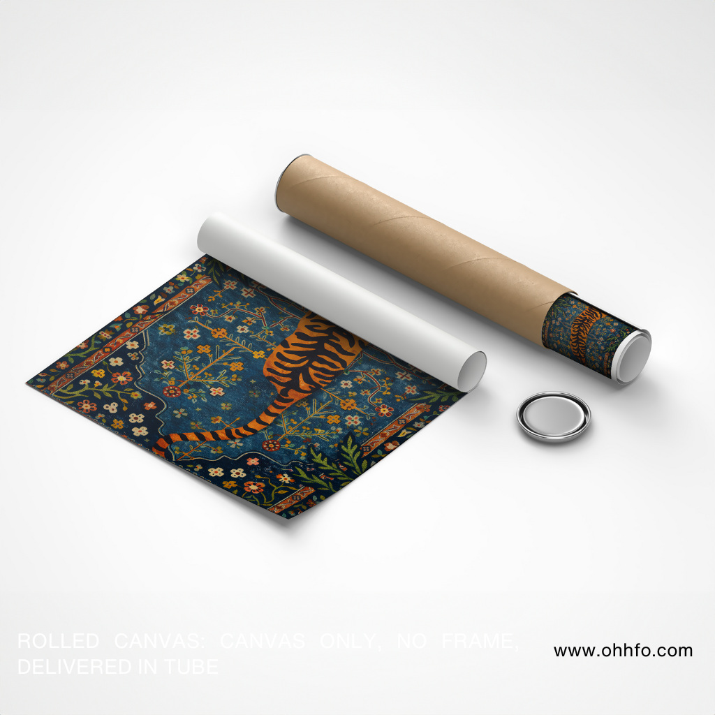 Majestic Tiger Folk Art Canvas Wall Art with Floral Pattern