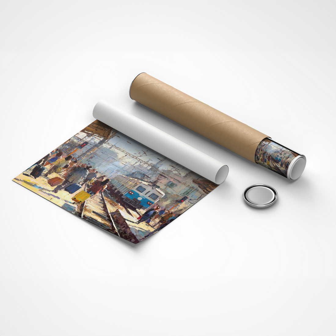 Abstract Railway Station Wall Art – Busy Train Platform Painting with Travelers