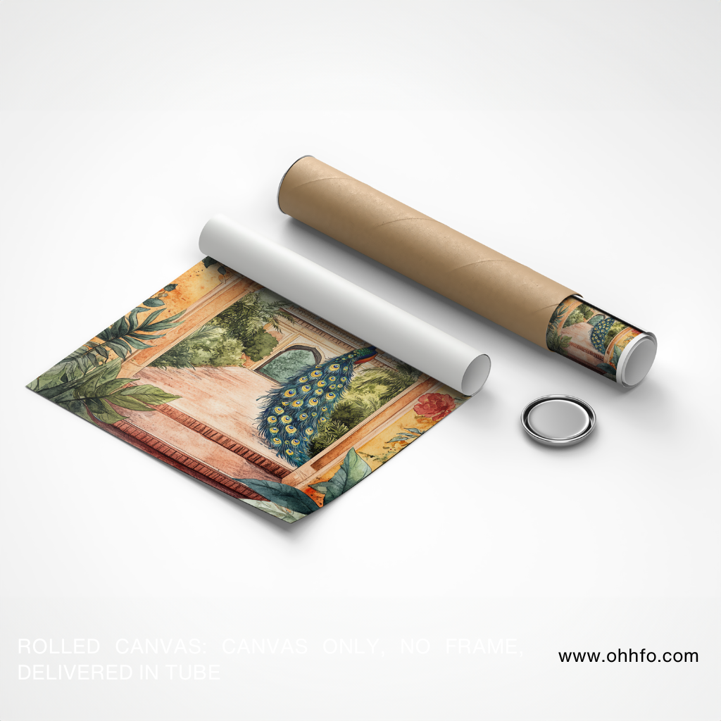 Peacock in Mughal Garden Arch Canvas Wall Art