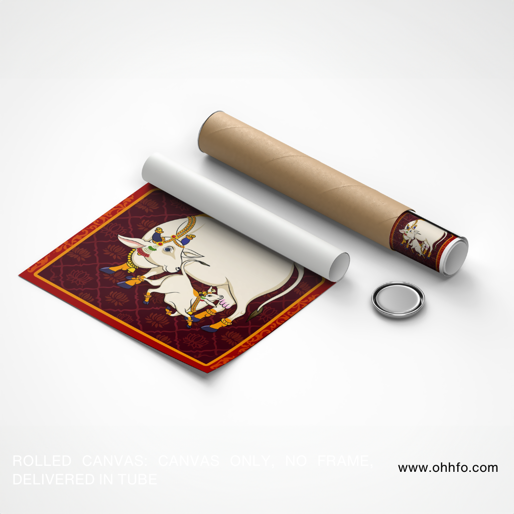 Sacred Cow and Calf Canvas Wall Art – Traditional Hindu Religious Decor