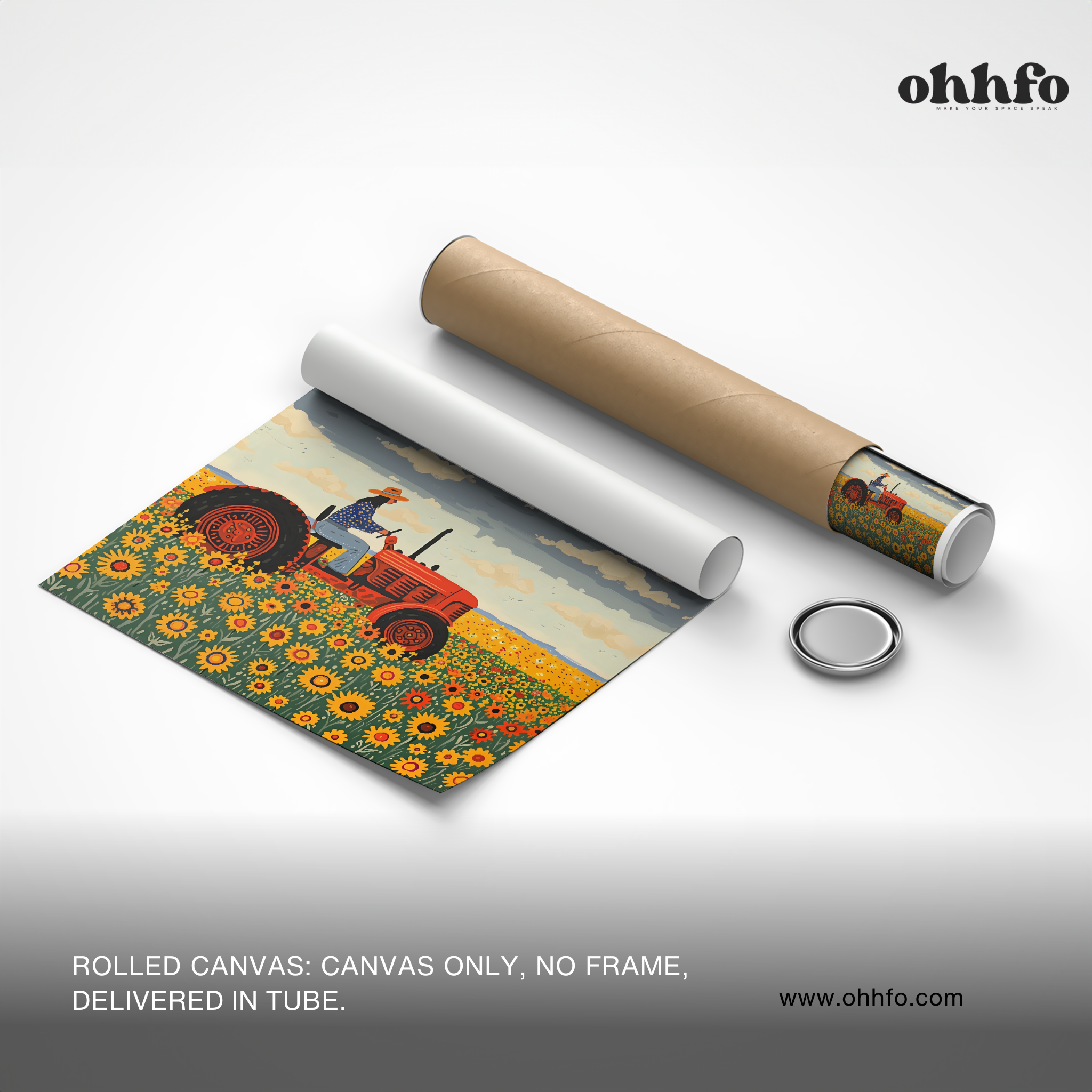 Sunflower Field Tractor Folk Art Canvas Wall Art