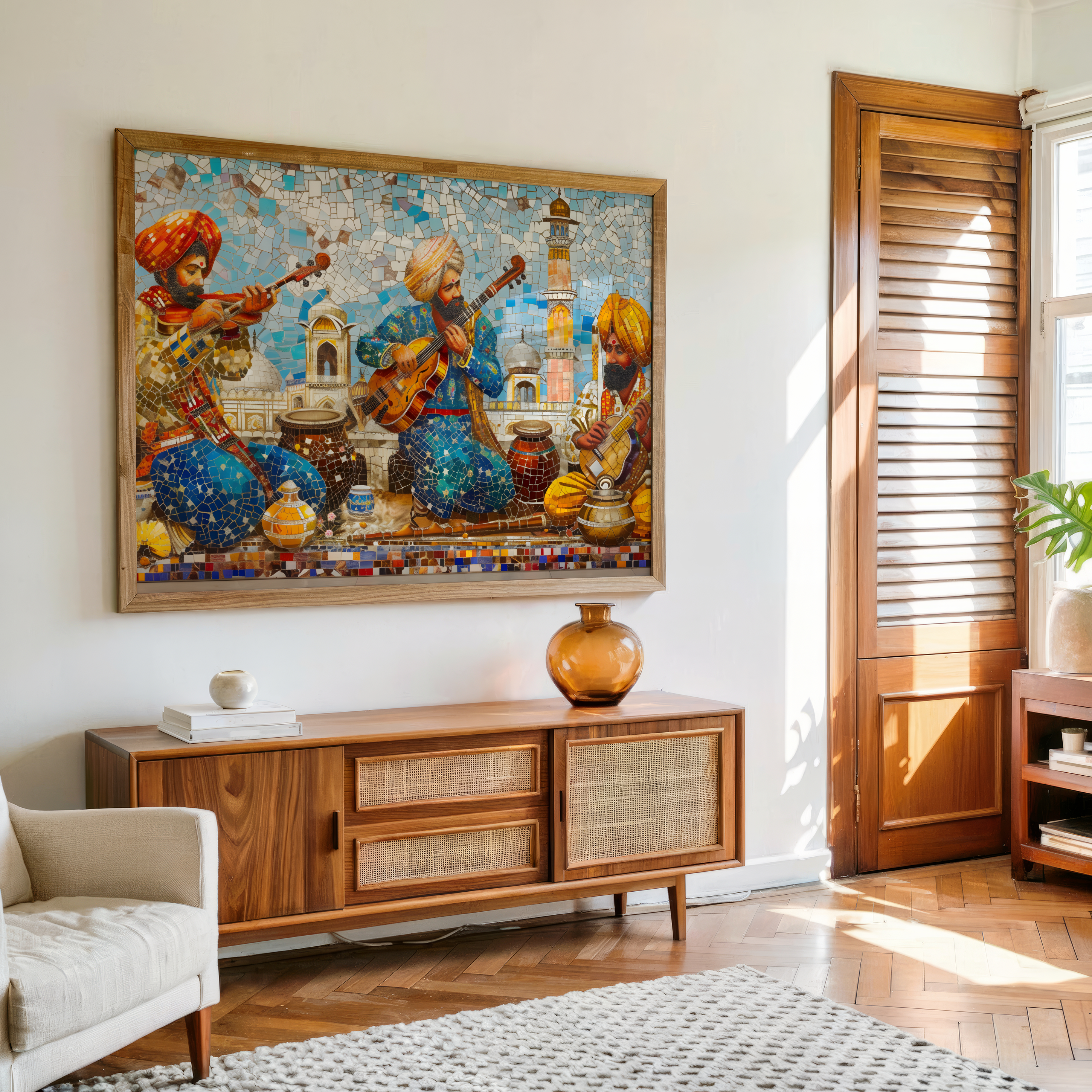 Framed Punjabi mosaic canvas print featuring Indian musicians – perfect for living room, bedroom, or hotel walls